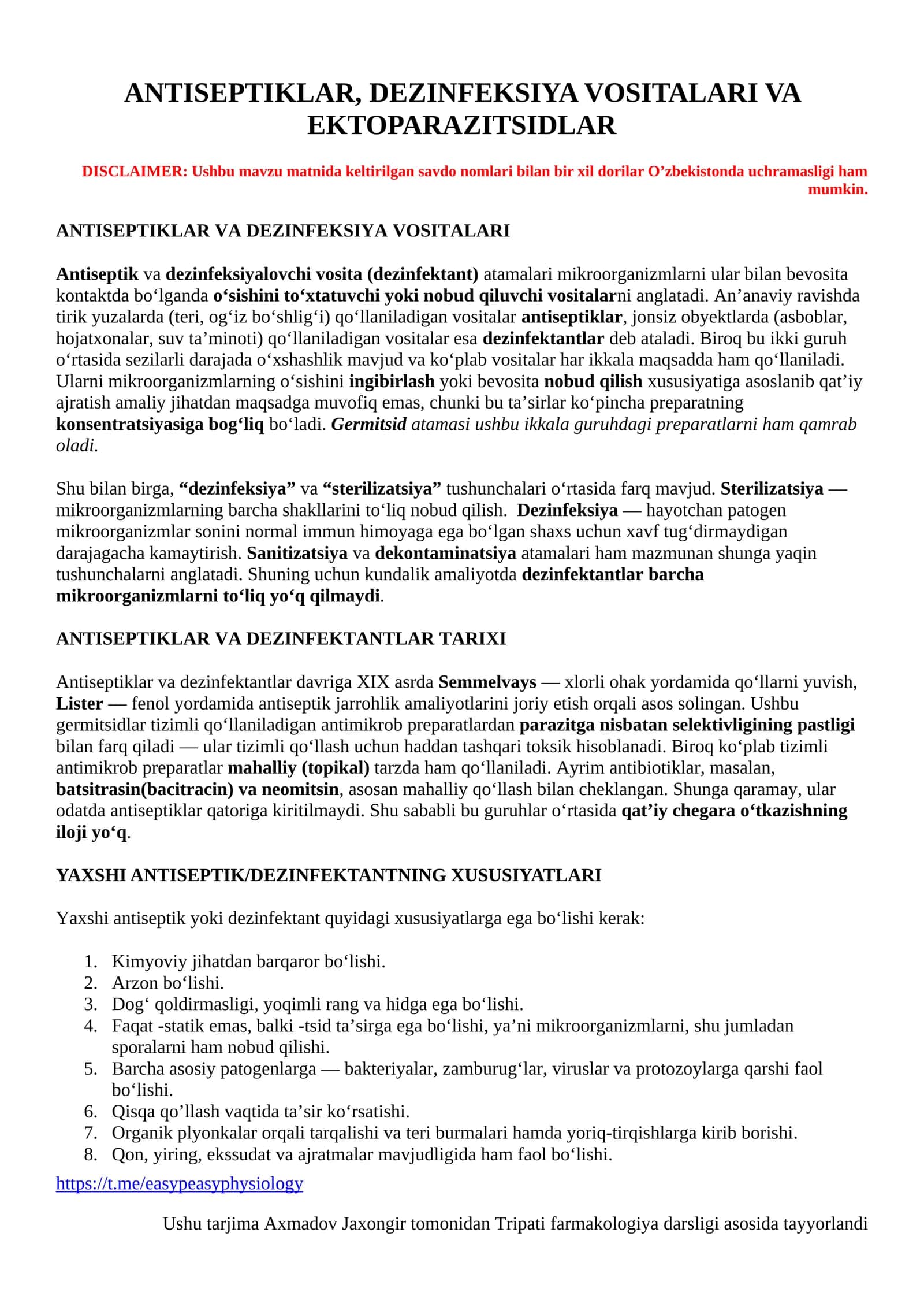 Antiseptiklar, Dezinfeksiya Vositalari va Ektoparazitsidlar 1