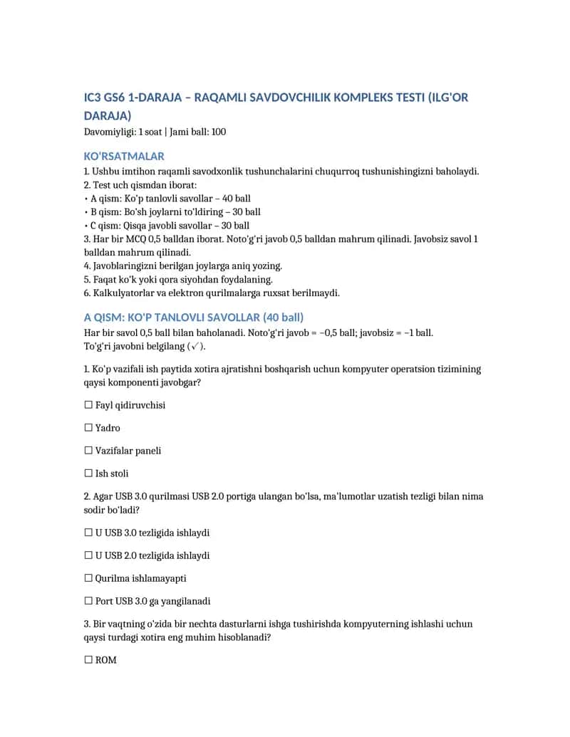 IC3 GS6 Yangi savolari 1