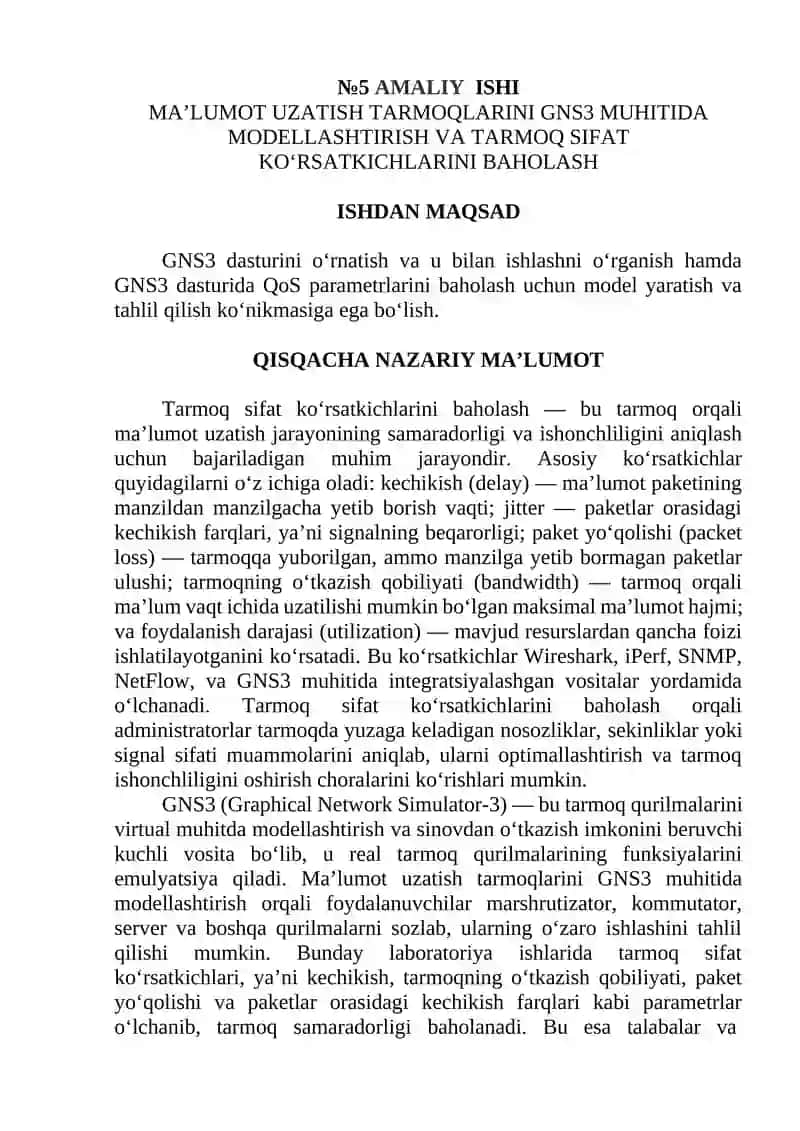 MA’LUMOT UZATISH TARMOQLARINI GNS3 MUHITIDA MODELLASHTIRISH VA TARMOQ SIFAT KO‘RSATKICHLARINI BAHOLASH