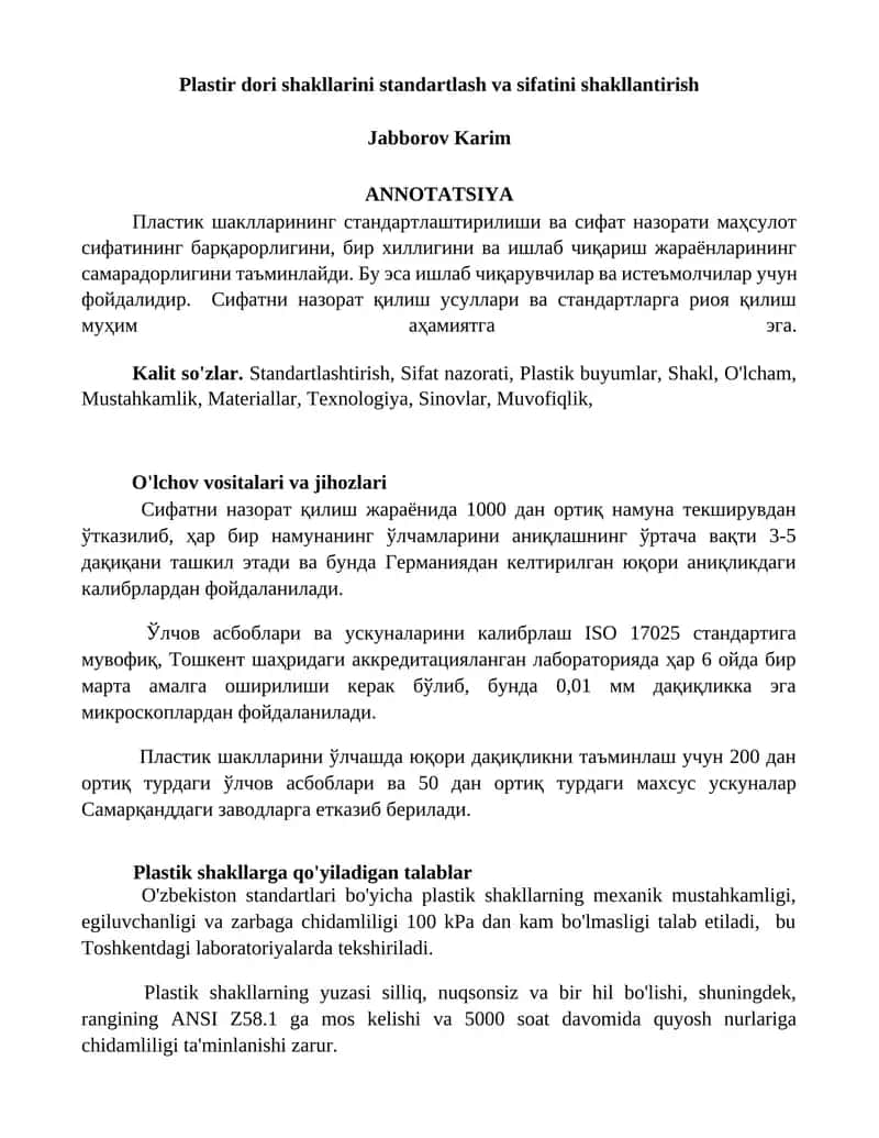 Plastir dori shakllarini standartlash va sifatini shakllantirish 1