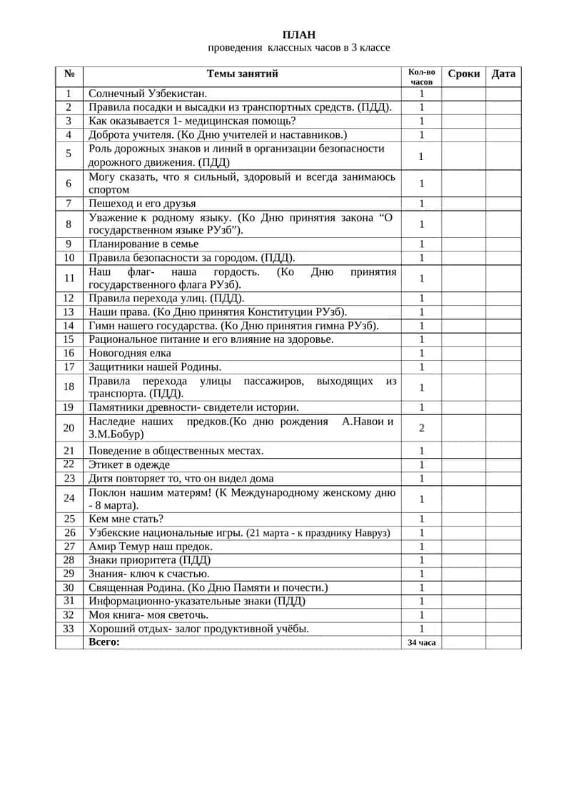 ПЛАН проведения классных часов в 3 классе 1