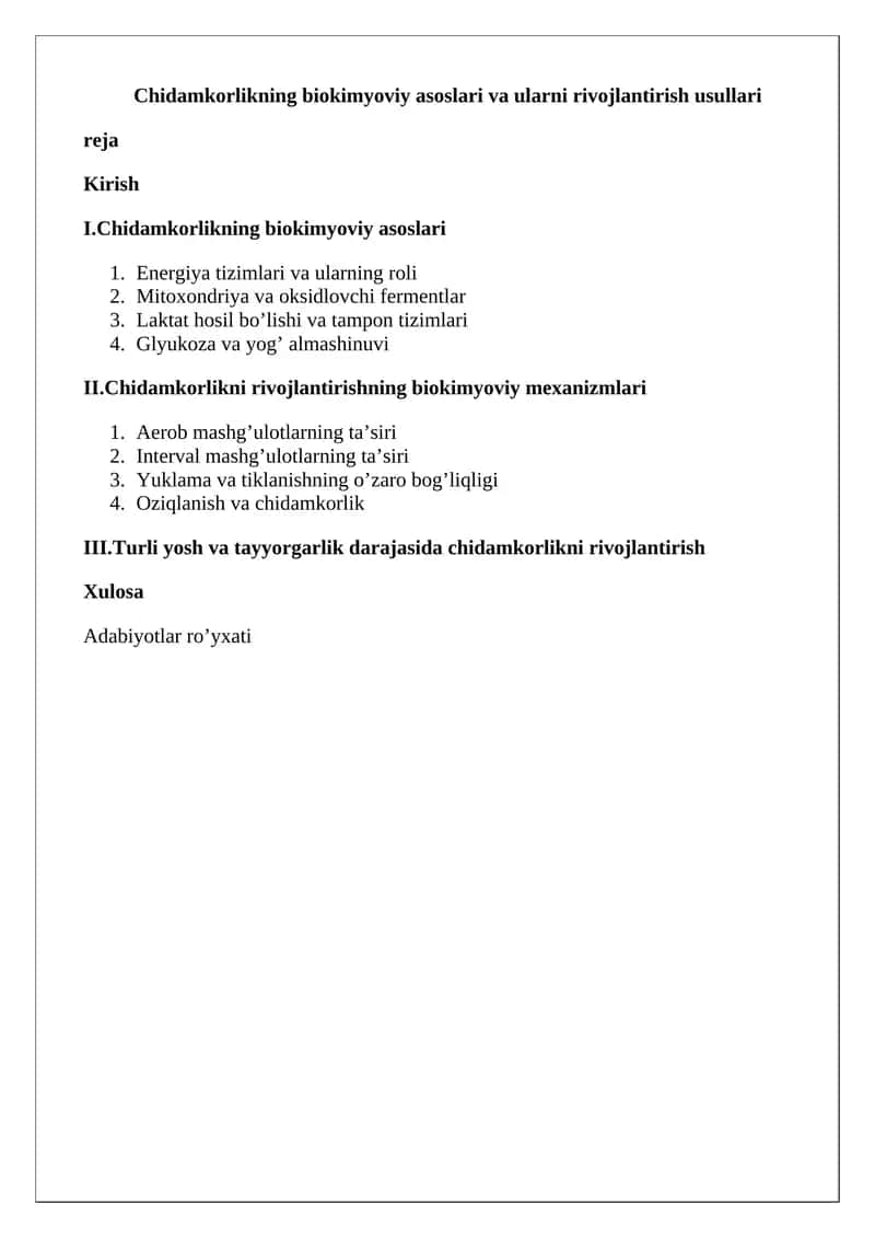 Chidamkorlikning biokimyoviy asoslari va ularni rivojlantirish usullari 1