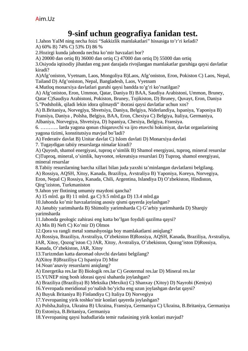 9-sinf uchun geografiya fanidan test 1