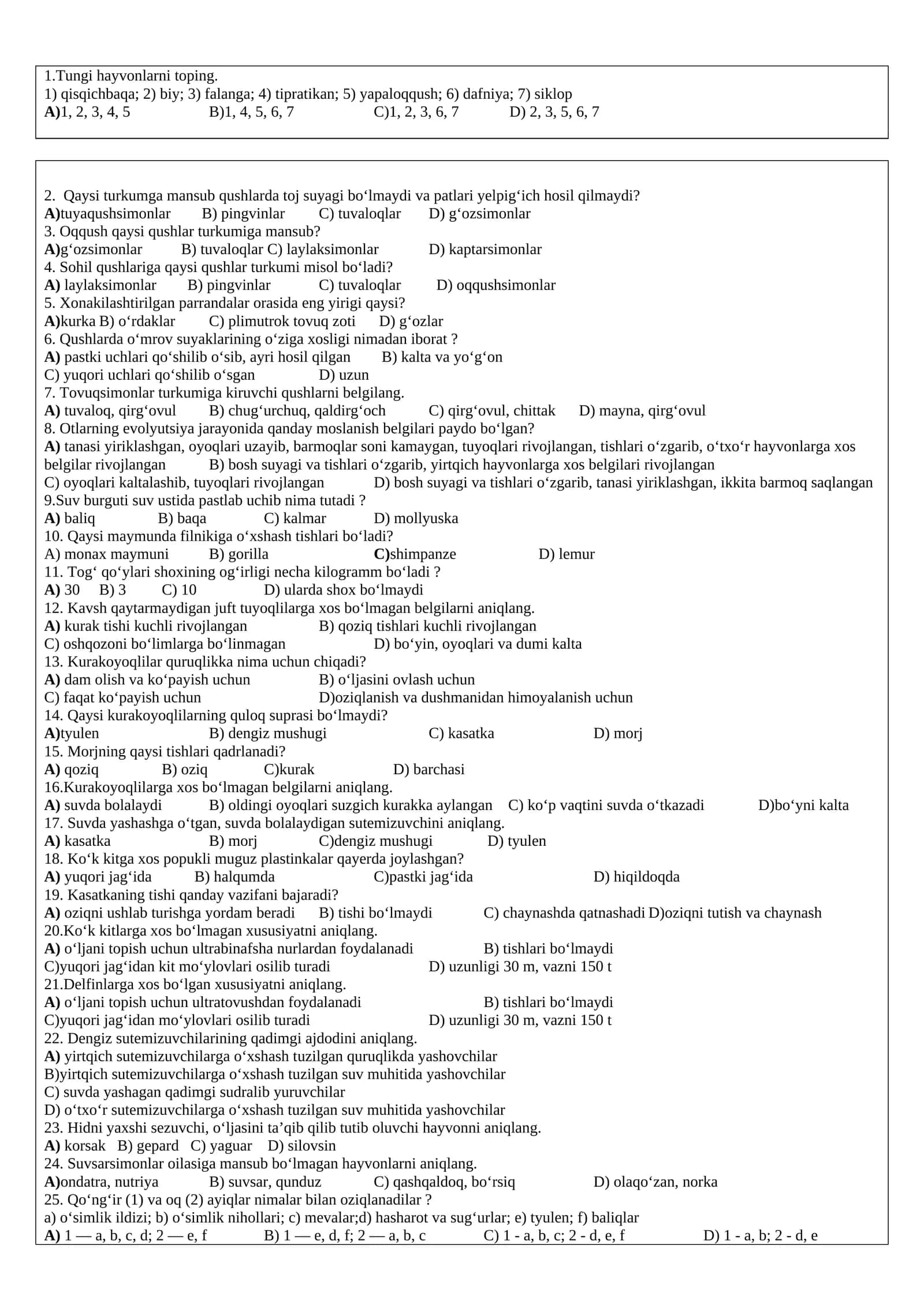 Qishloq hayvonlari test vazirligi misol 1
