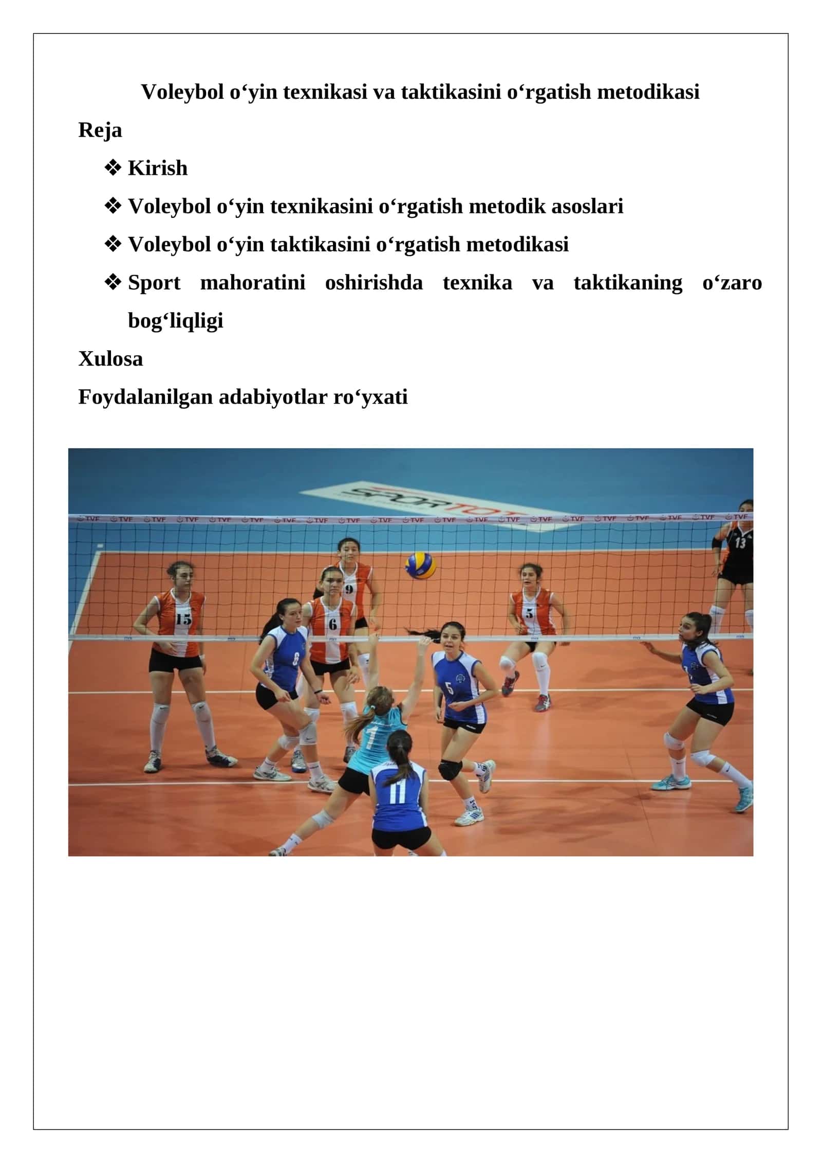 Voleybol o‘yin texnikasi va taktikasini o‘rgatish metodikasi 1