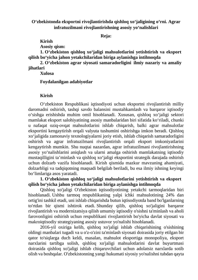 O‘zbekistonda eksportni rivojlantirishda qishloq xo‘jaligining o‘rni 1