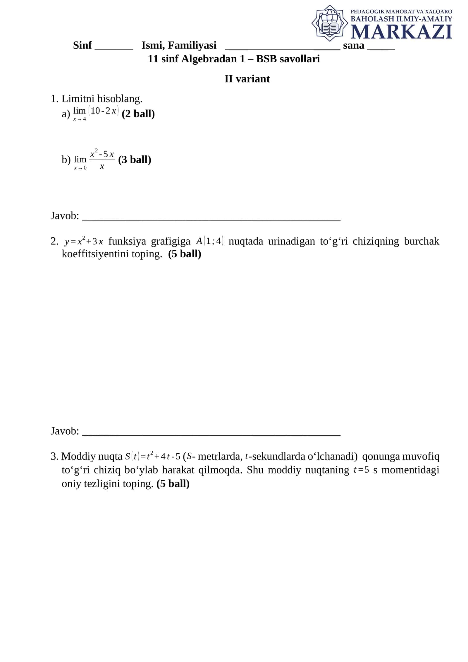 11 sinf Algebradan 1 – BSB savollari 1