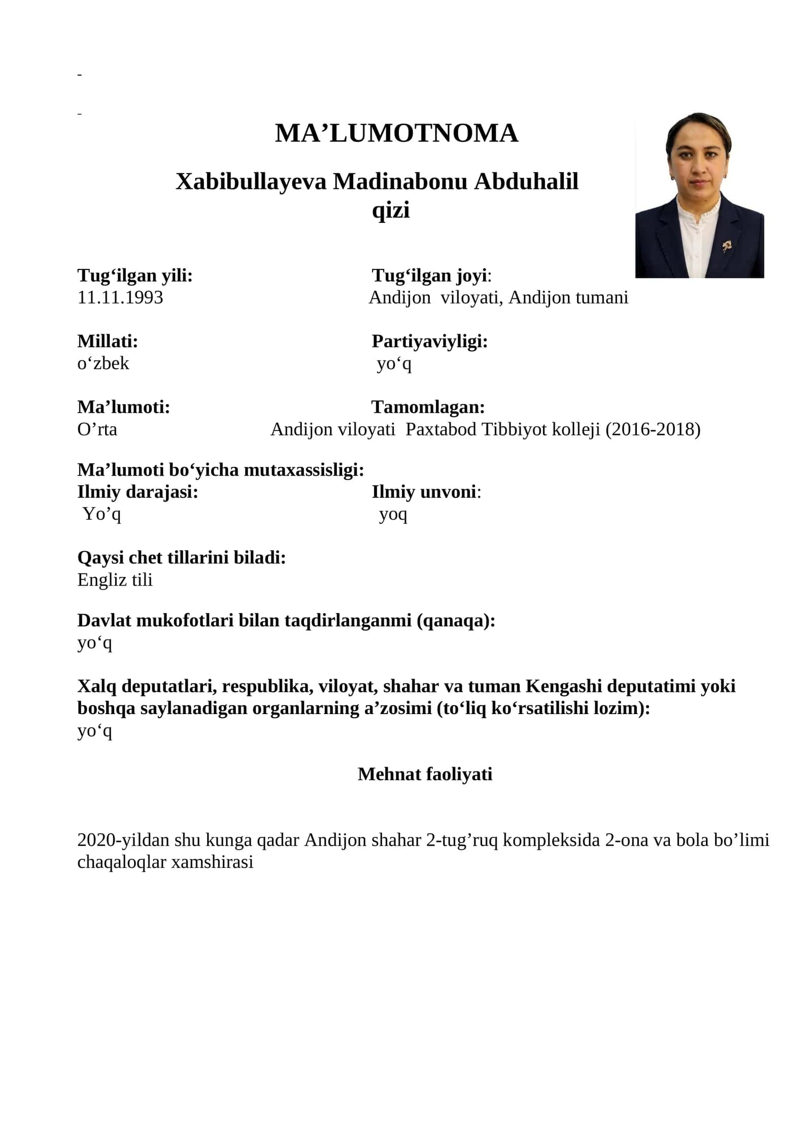 Xabibullayeva Madinabonu Abduhalil qizi 1