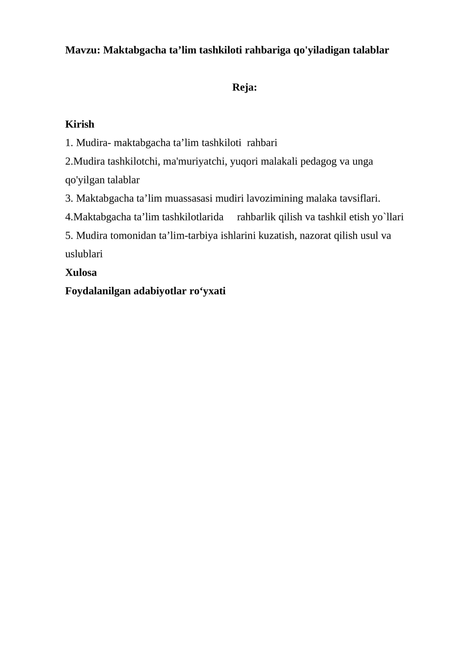 Maktabgacha ta’lim tashkiloti rahbariga qo'yiladigan talablar 1