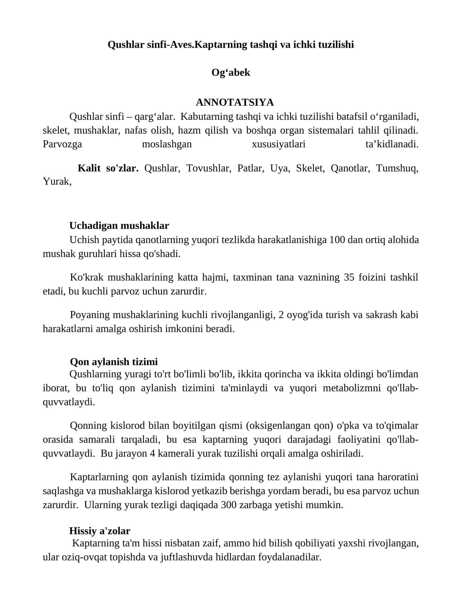 Qushlar sinfi-Aves.Kaptarning tashqi va ichki tuzilishi 1