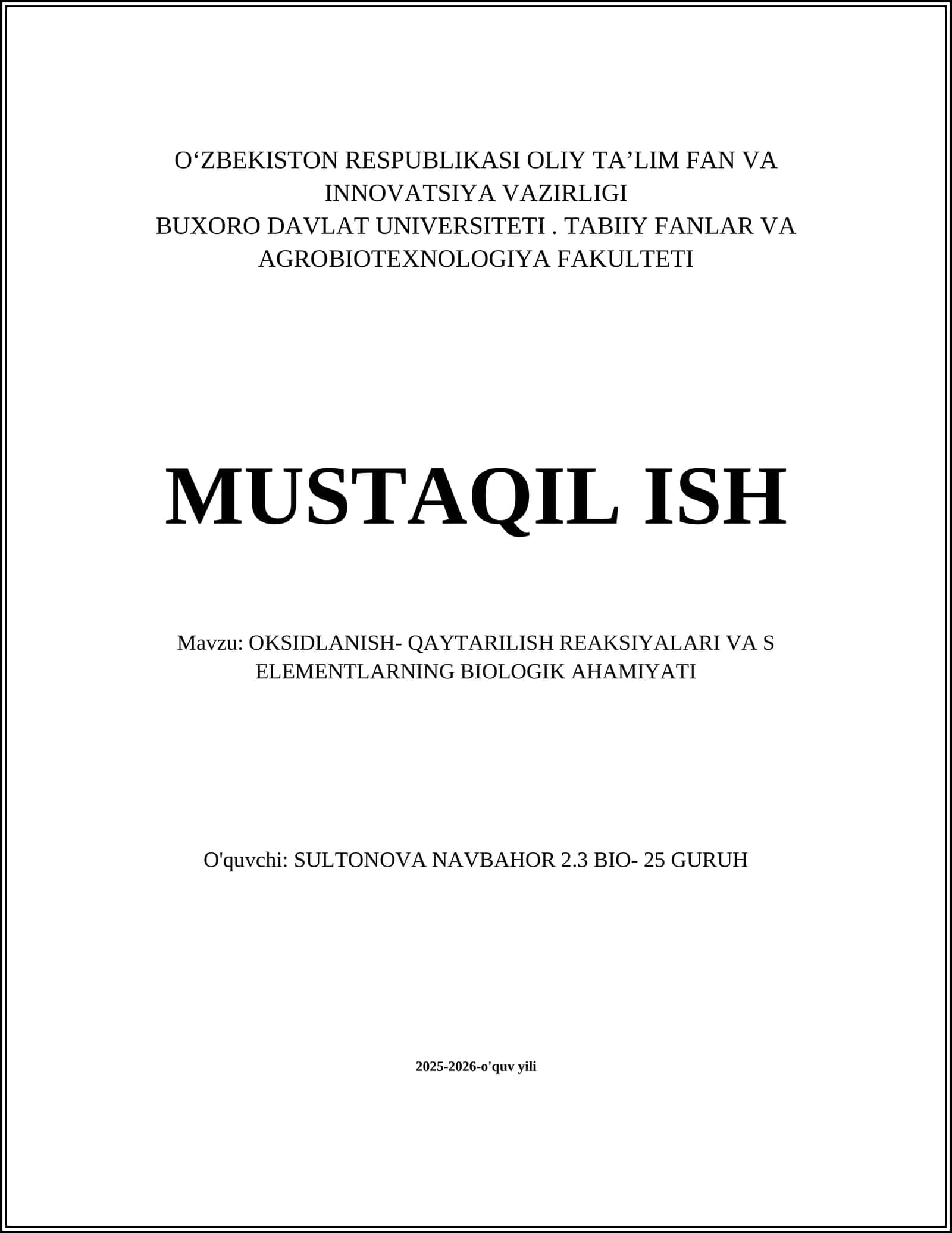 OKSIDLANISH- QAYTARILISH REAKSIYALARI VA S ELEMENTLARNING BIOLOGIK AHAMIYATI 1
