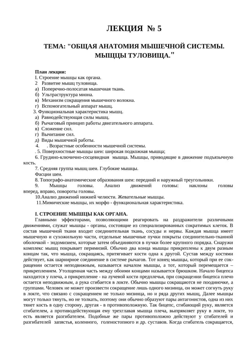 ЛЕКЦИЯ № 5 "ОБЩАЯ АНАТОМИЯ МЫШЕЧНОЙ СИСТЕМЫ. МЫЩЦЫ ТУЛОВИЩА" 1