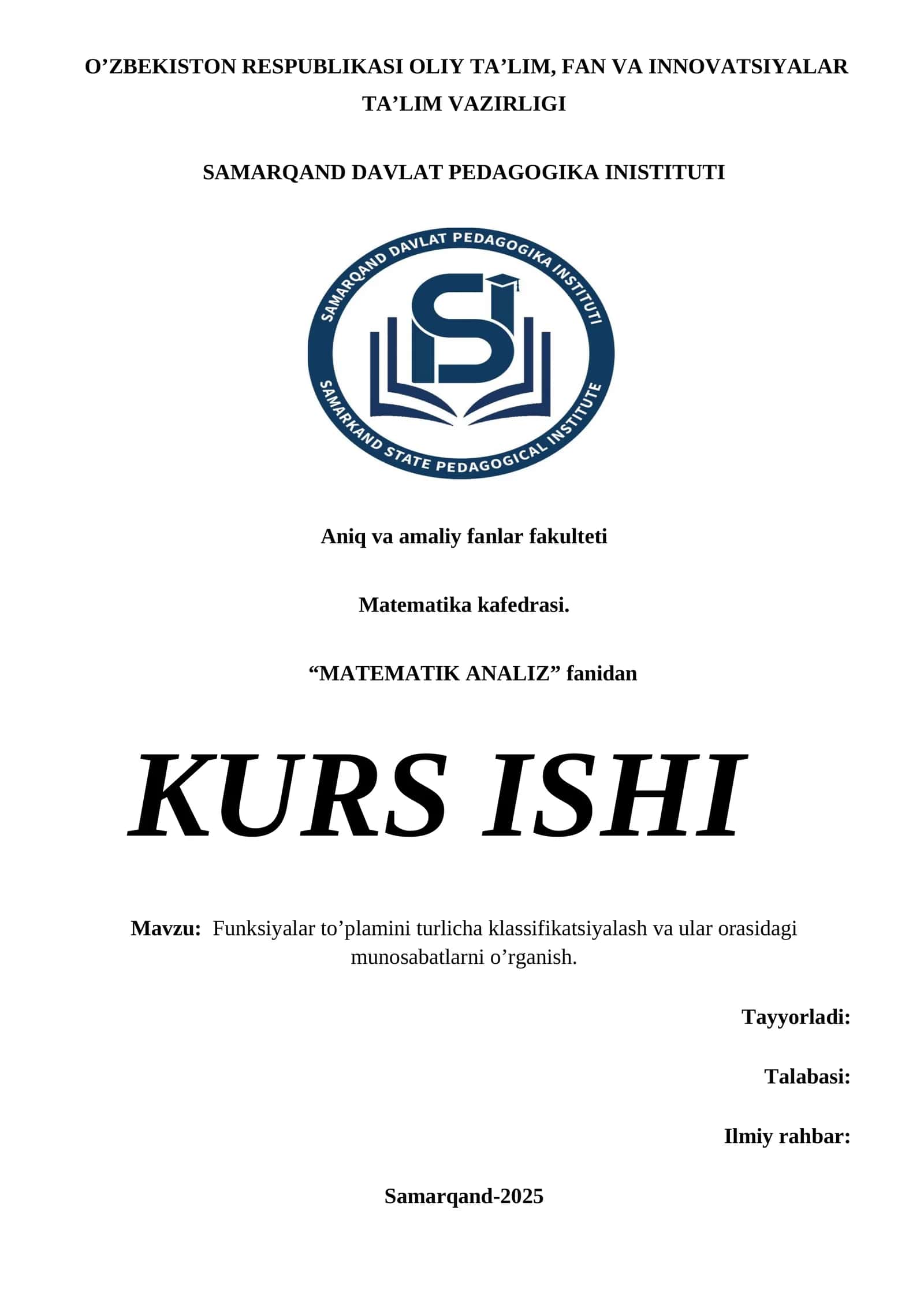 Funksiyalar to’plamini turlicha klassifikatsiyalash va ular orasidagi munosabatlarni o 1