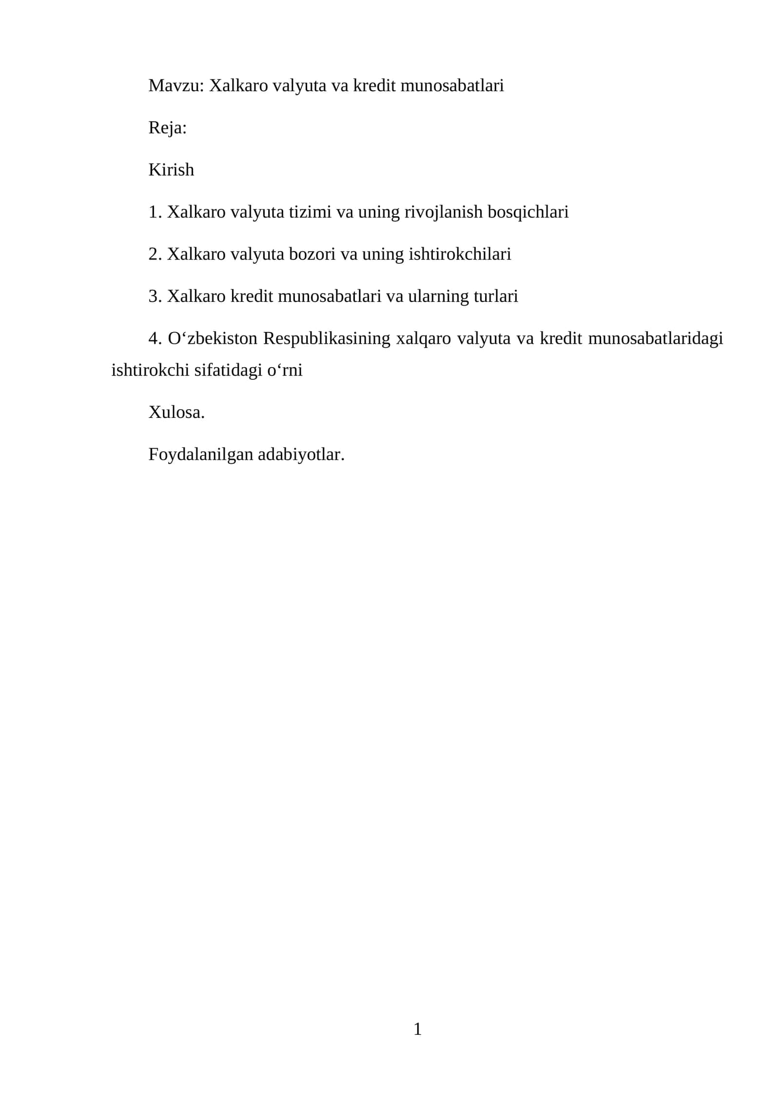 Xalkaro valyuta va kredit munosabatlari 1