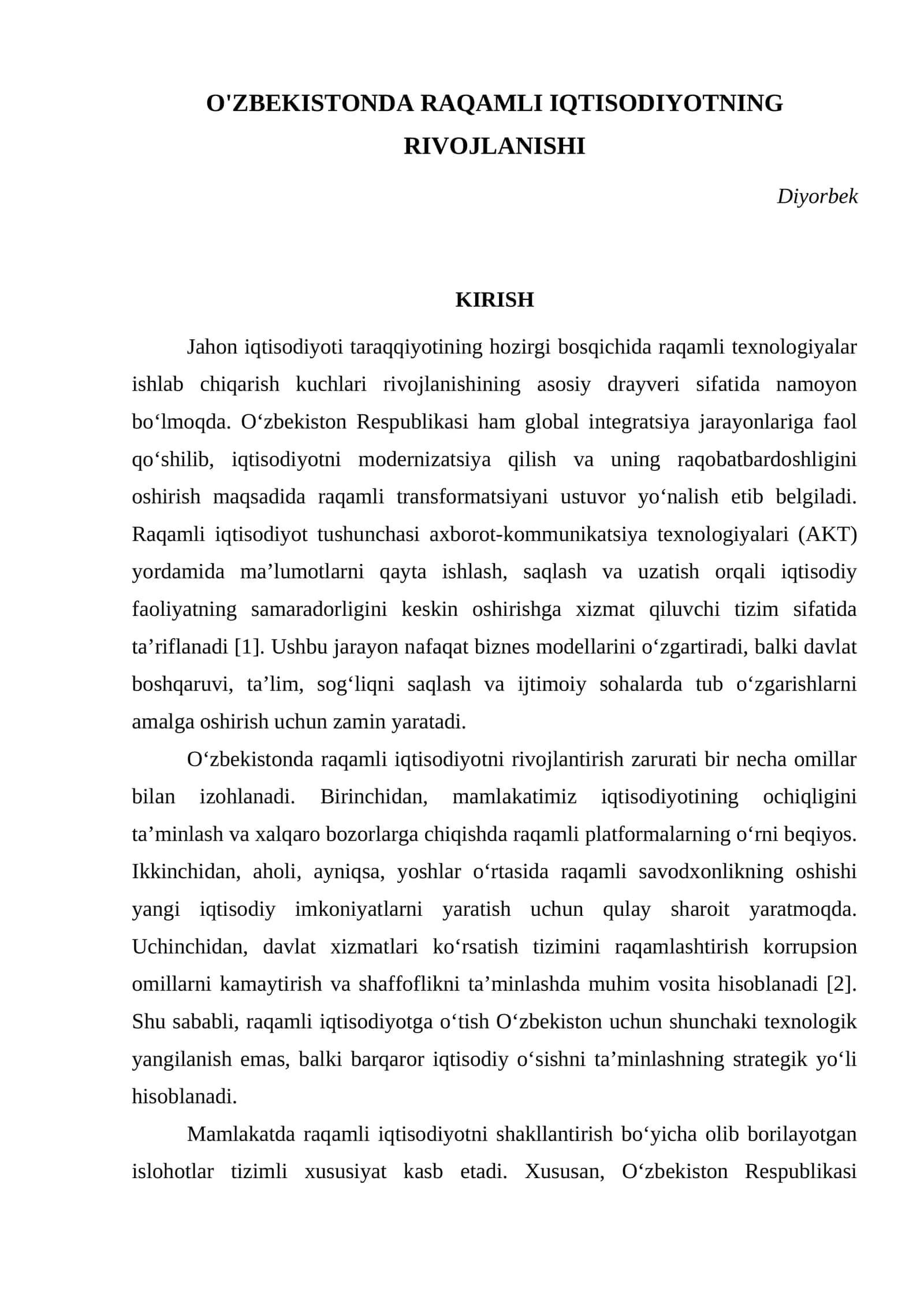 O'ZBEKISTONDA RAQAMLI IQTISODIYOTNING RIVOJLANISHI 1
