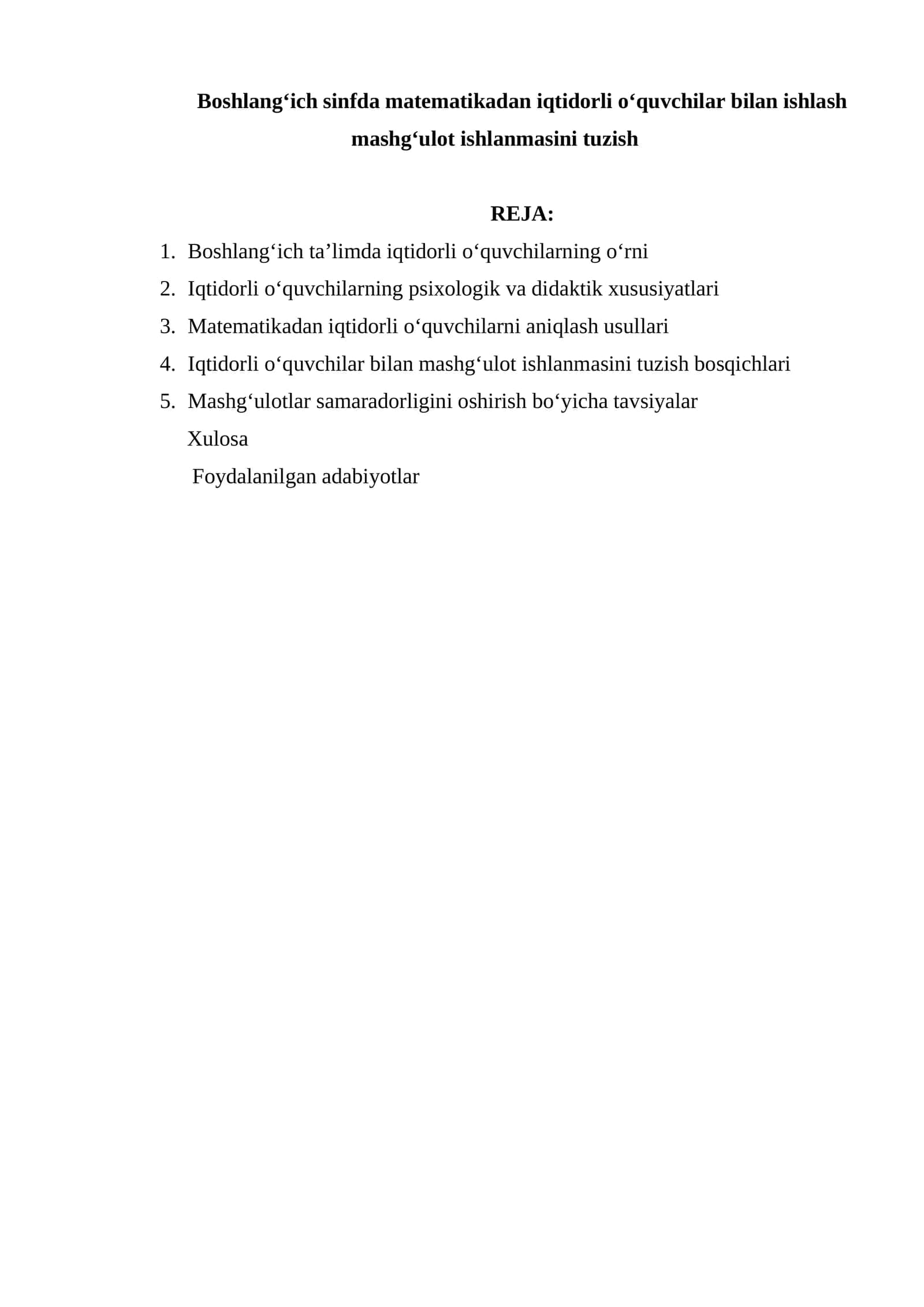 Boshlang‘ich sinfda matematikadan iqtidorli o‘quvchilar bilan ishlash mashg‘ulot ishlanmasini tuzish 1