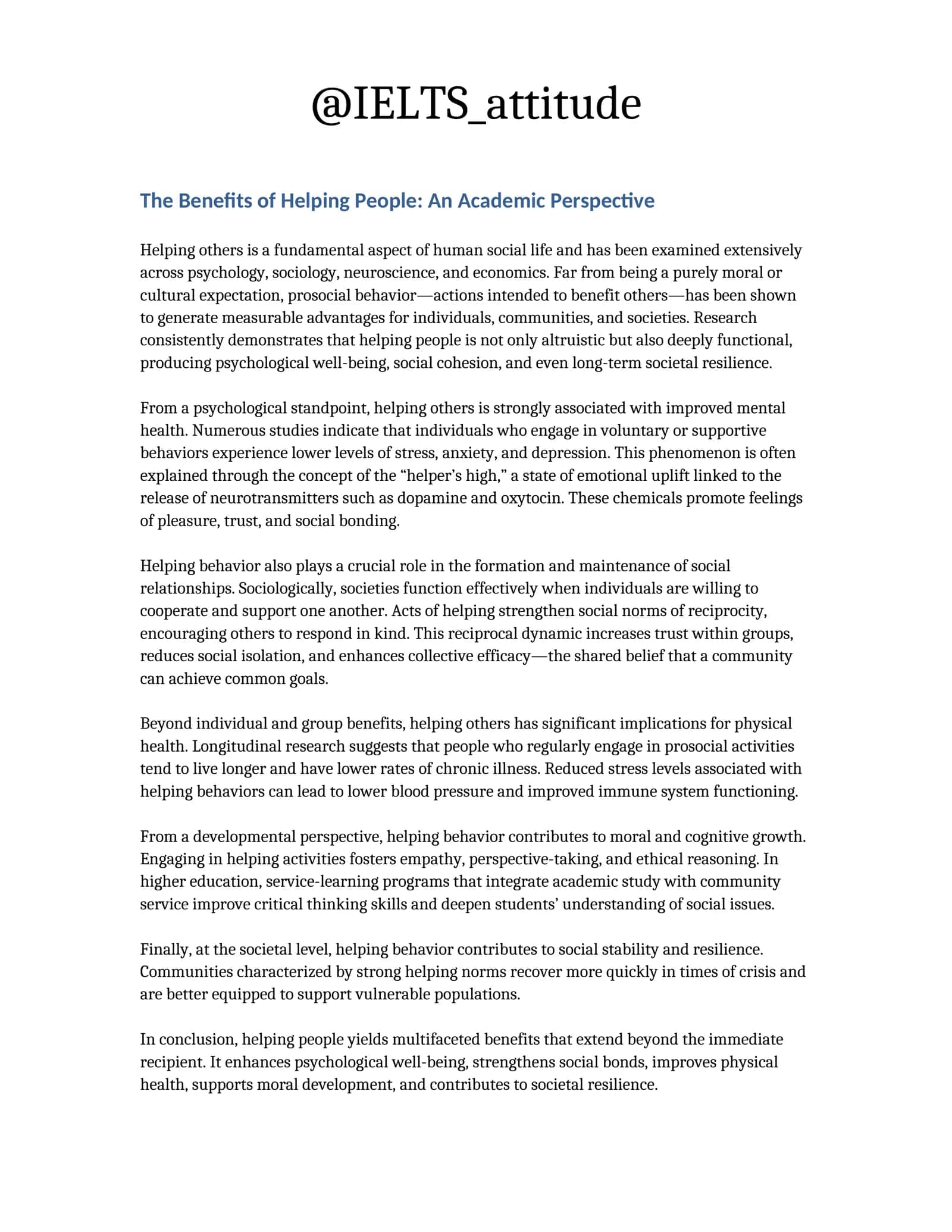 The Benefits of Helping People: An Academic Perspective 1
