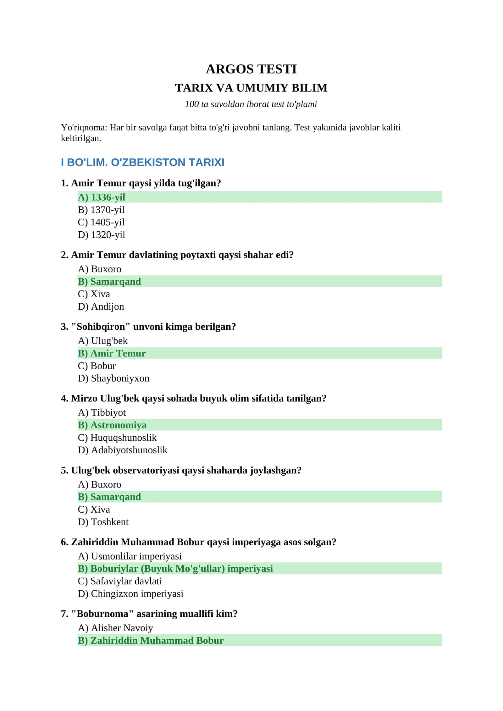 ARGOS test to'plami — Tarix va Umumiy bilim (100 savol, javoblar bilan) 1