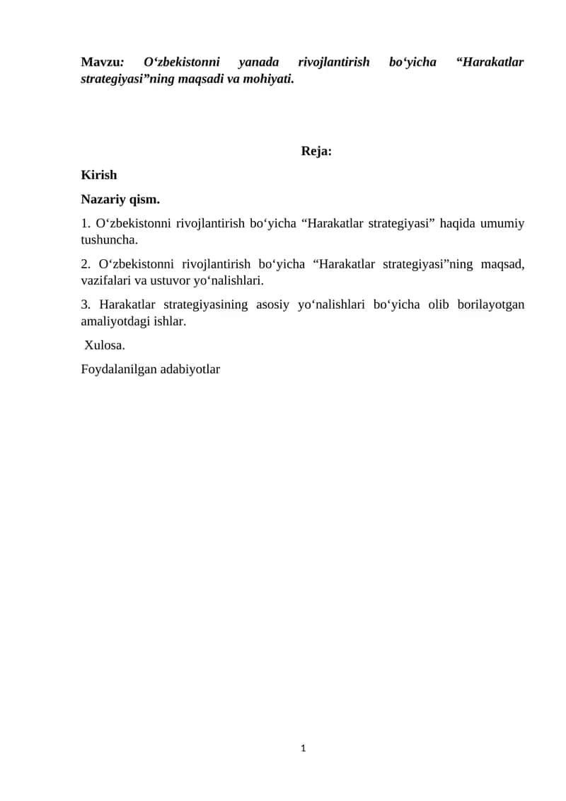 O‘zbekistonni rivojlantirish bo‘yicha “Harakatlar strategiyasi” 1