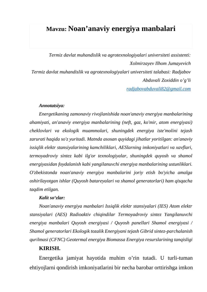 Noan’anaviy energiya manbalari 1