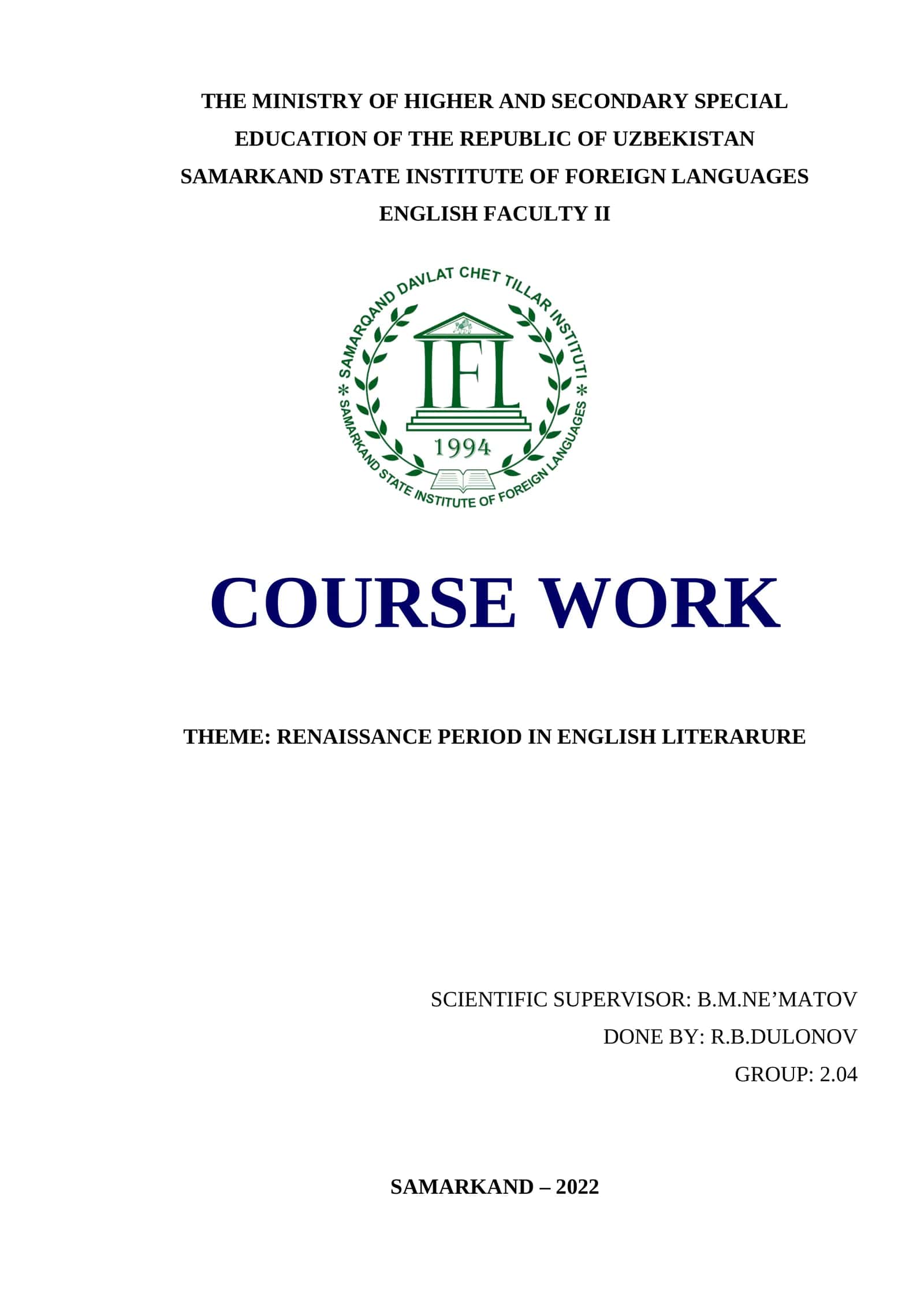 RENAISSANCE PERIOD IN ENGLISH LITERATURE 1