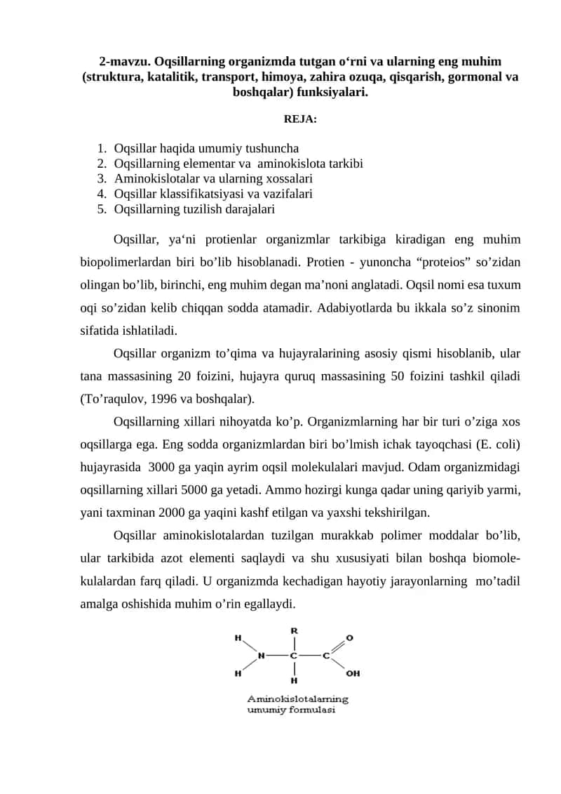 Oqsillarning tuzilishi va vazifalari 1