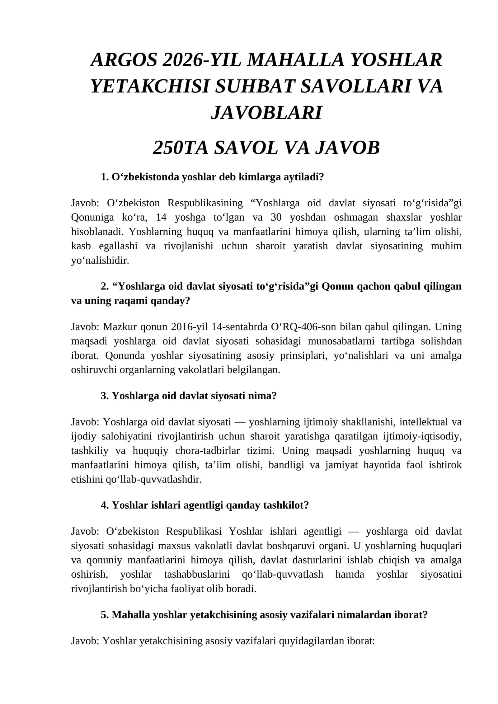 ARGOS 2026-YIL MAHALLA YOSHLAR YETAKCHISI SUHBAT SAVOLLARI VA JAVOBLARI 1