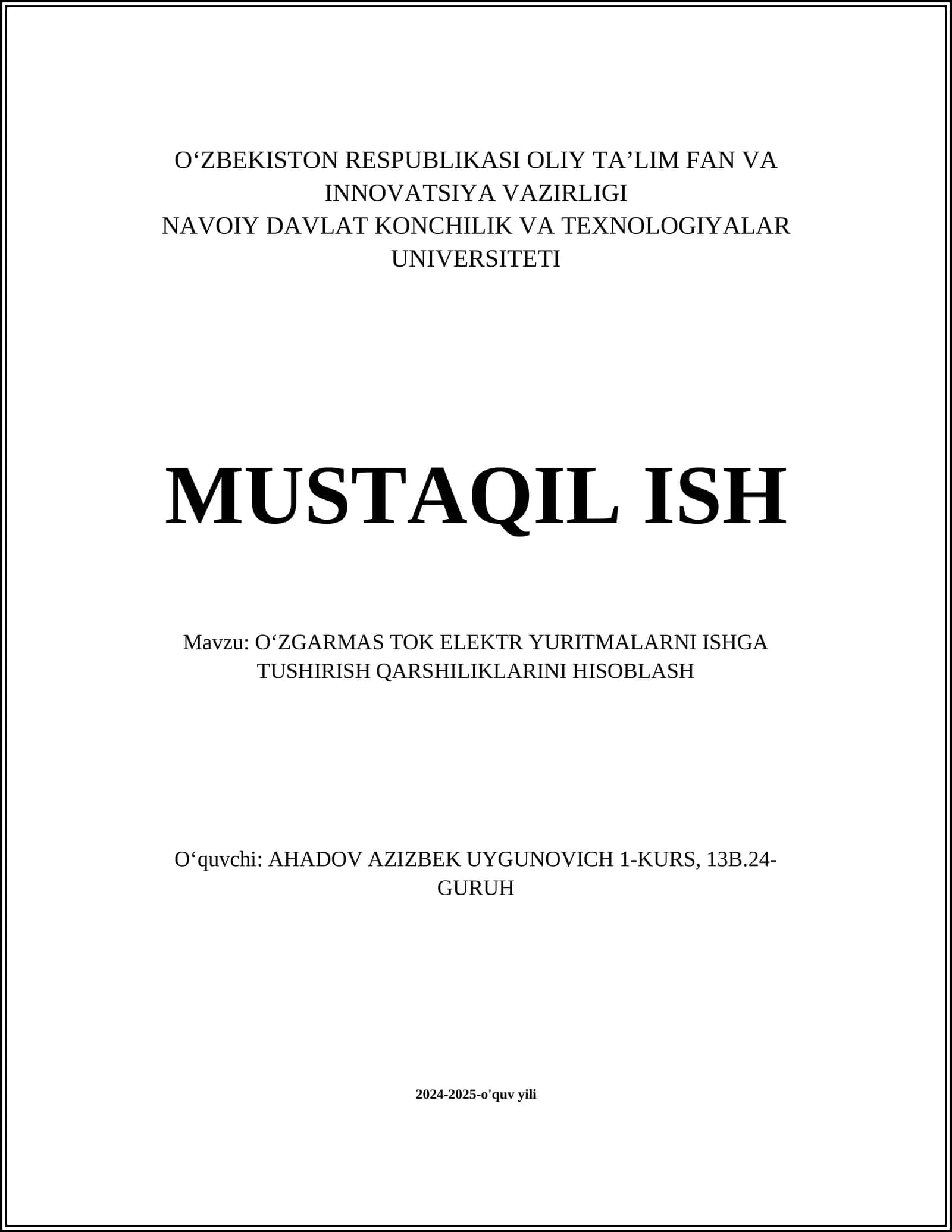 O‘ZGARMAS TOK ELEKTR YURITMALARNI ISHGA TUSHIRISH QARSHILIKLARINI HISOBLASH 1