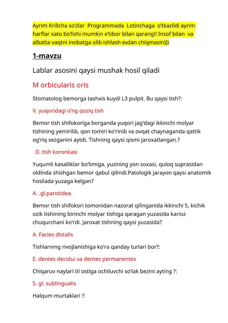 Stomatologiya Test Savollari 1