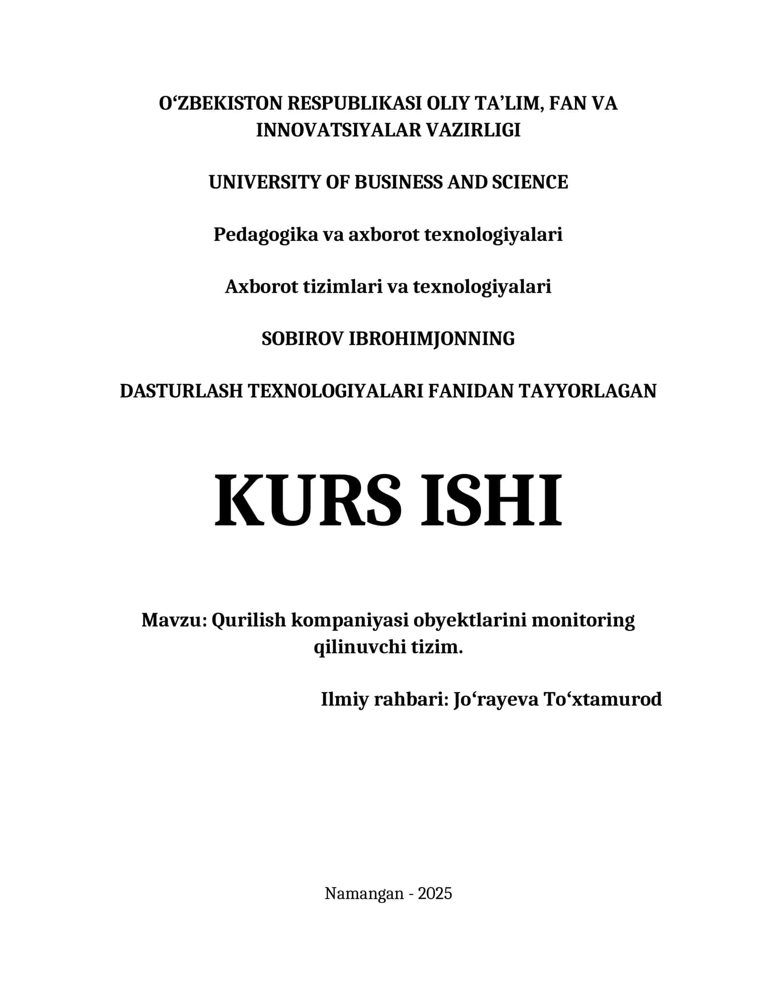 QURILISH KOMPANIYASI OBYEKTLARINI MONITORING QILINUVCHI TIZIM. 1