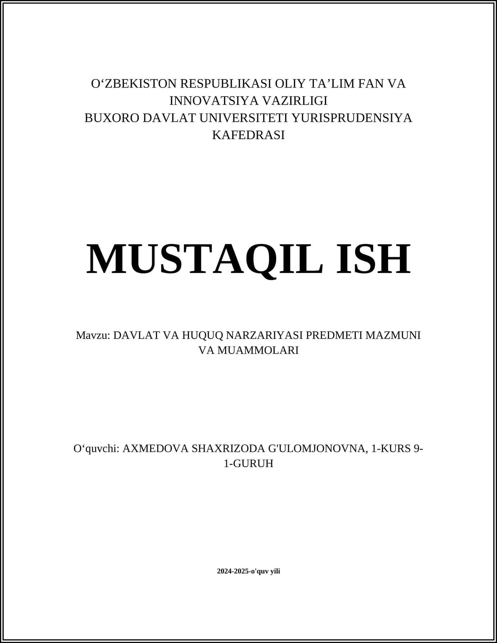 DAVLAT VA HUQUQ NARZARIYASI PREDMETI MAZMUNI VA MUAMMOLARI 1