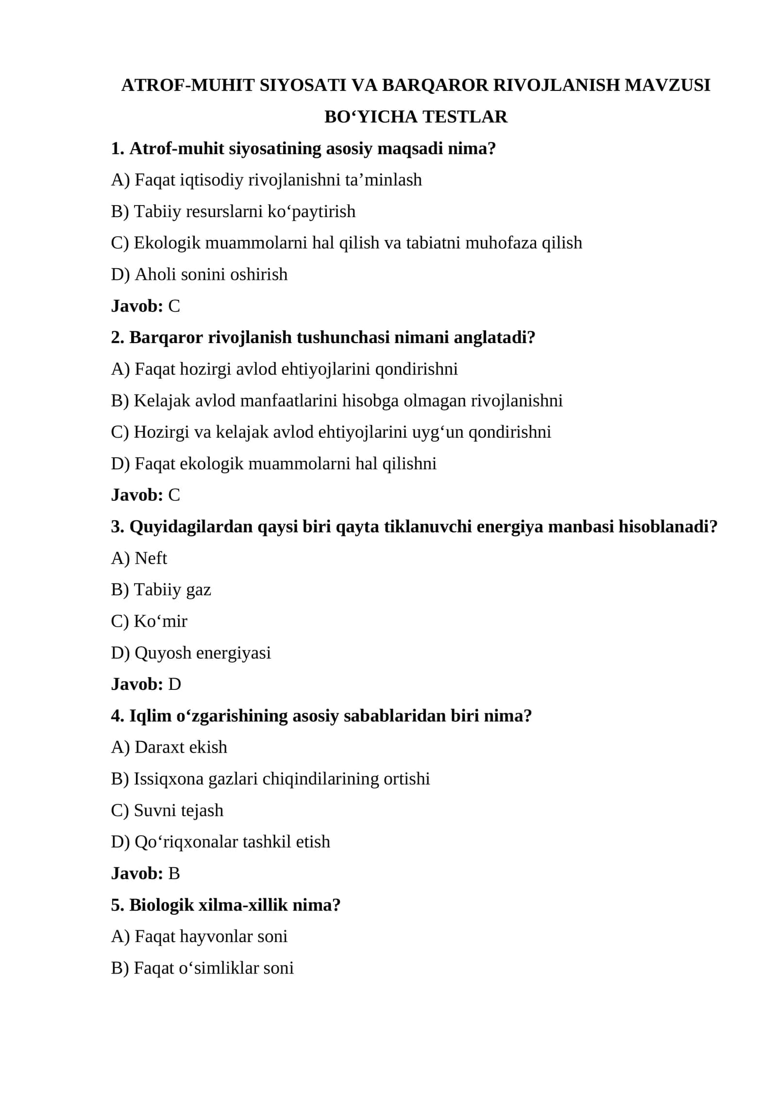 ATROF-MUHIT SIYOSATI VA BARQAROR RIVOJLANISH MAVZUSI BO‘YICHA TESTLAR 1