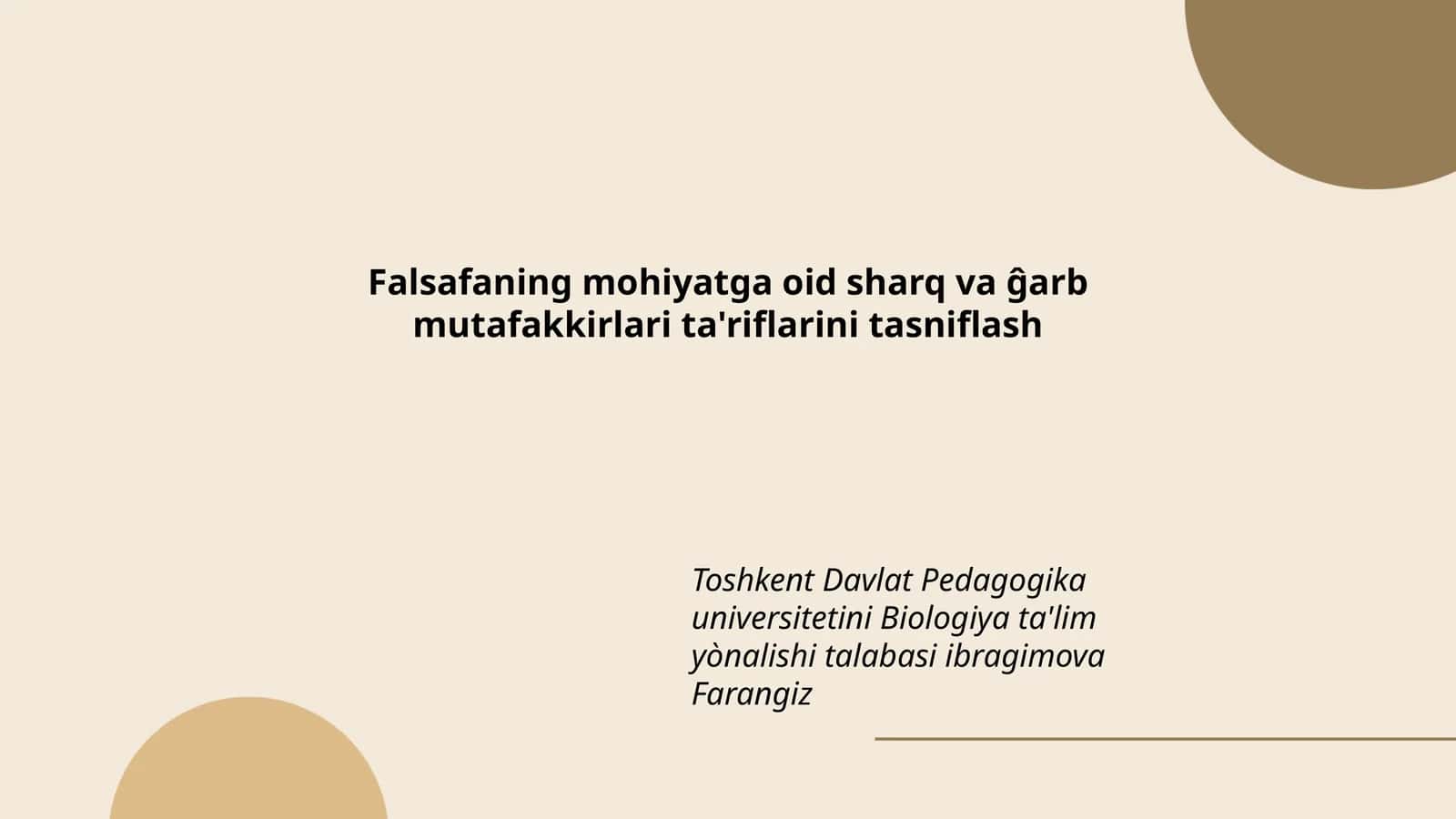 Falsafaning mohiyatga oid sharq va ĝarb mutafakkirlari ta'riflarini tasniflash 1