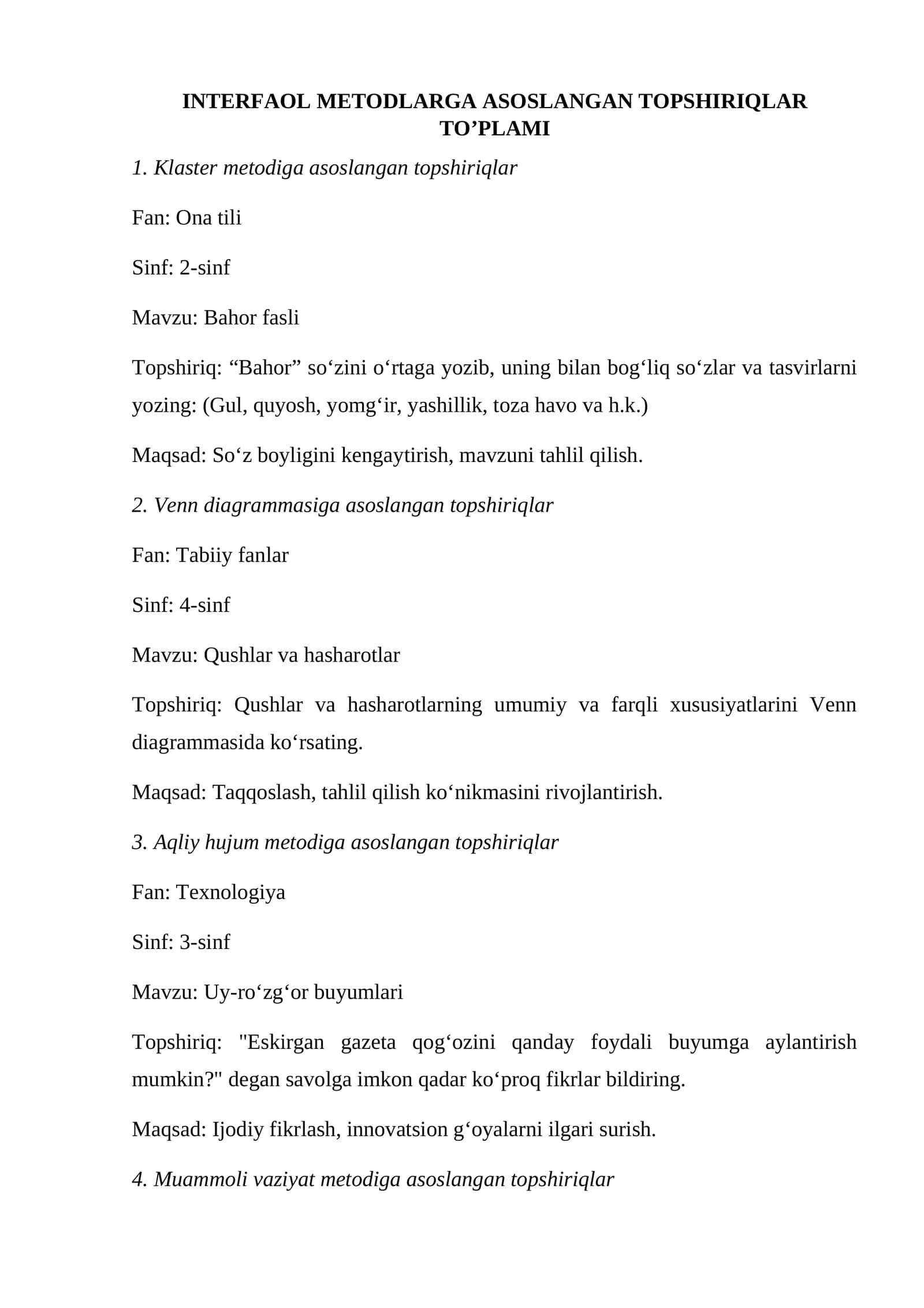 INTERFAOL METODLARGA ASOSLANGAN TOPSHIRIQLAR TO’PLAMI 1