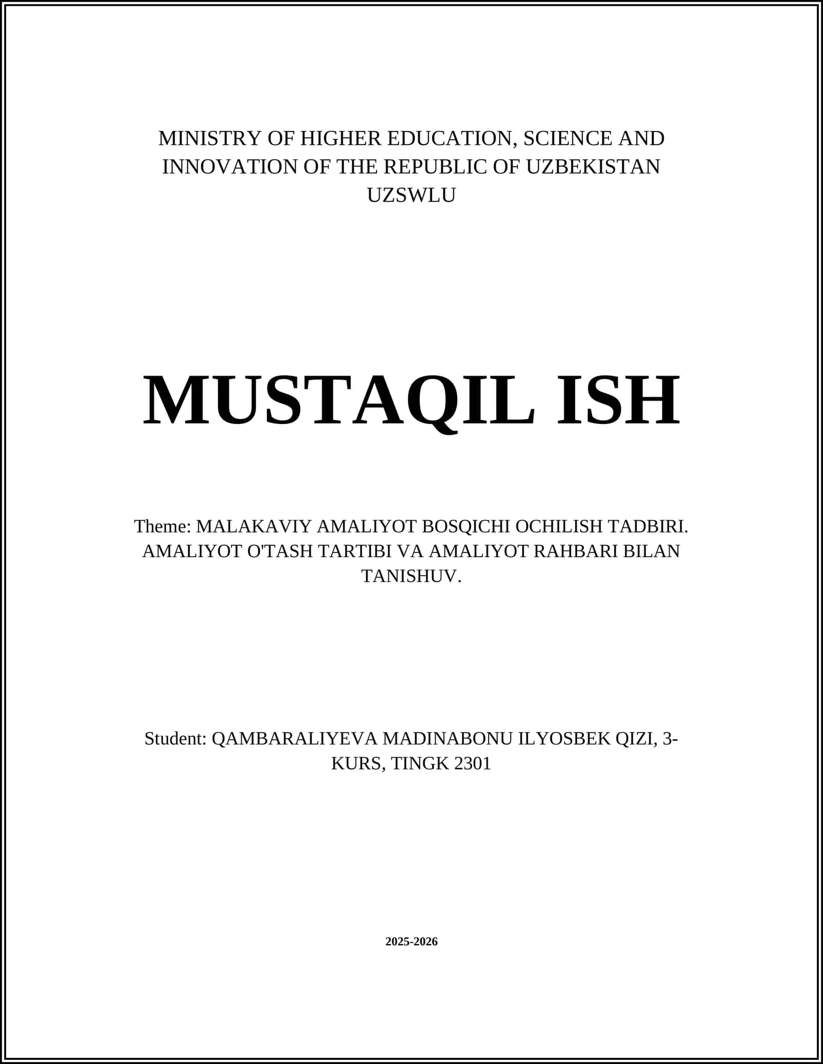 MALAKAVIY AMALIYOT BOSQICHI OCHILISH TADBIRI 1