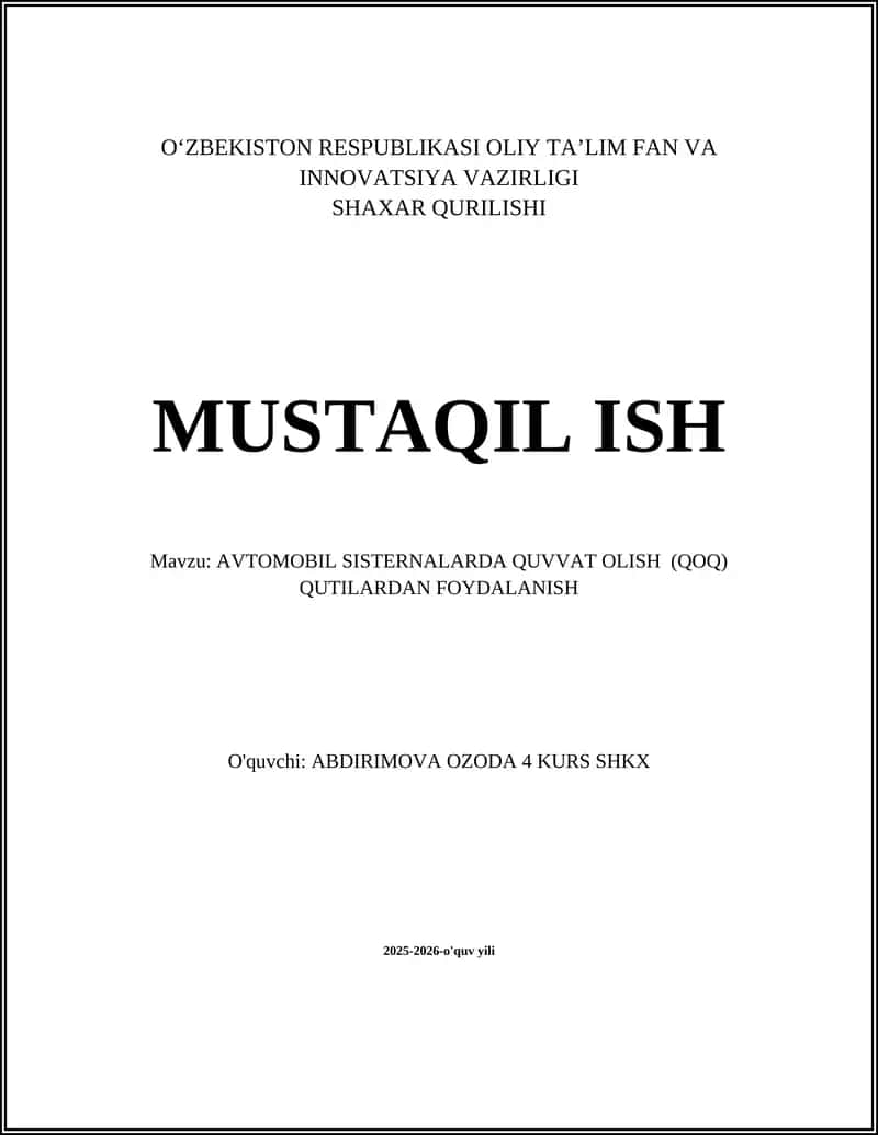 AVTOMOBIL SISTERNALARDA QUVVAT OLISH (QOQ) QUTILARDAN FOYDALANISH 1