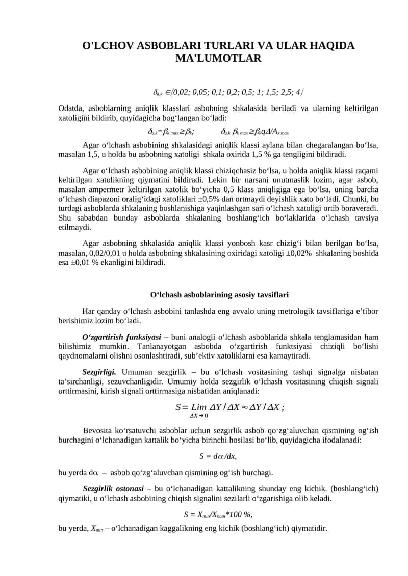 O'LCHOV ASBOBLARI TURLARI VA ULAR HAQIDA MA'LUMOTLAR 1
