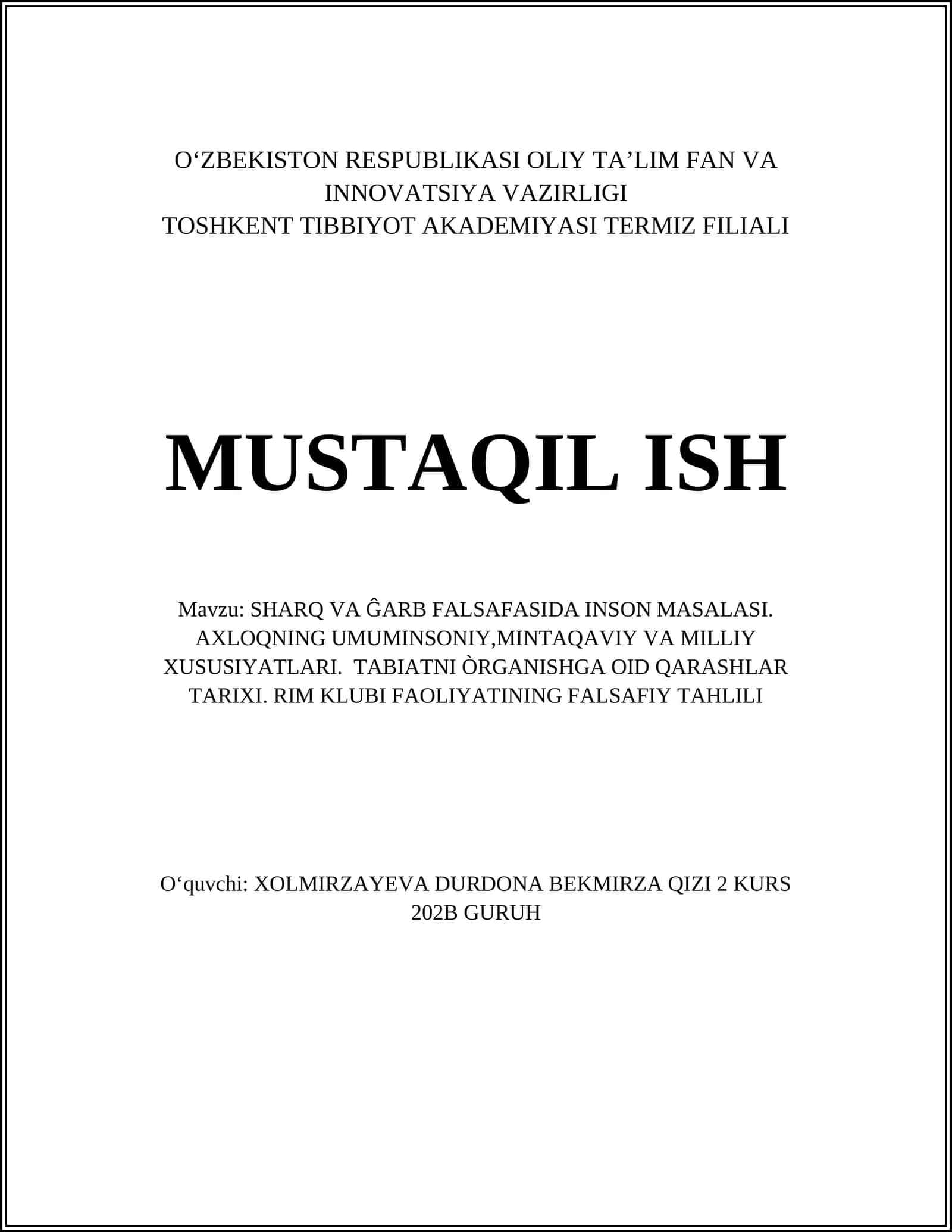 SHARQ VA ĜARB FALSAFASIDA INSON MASALASI 1