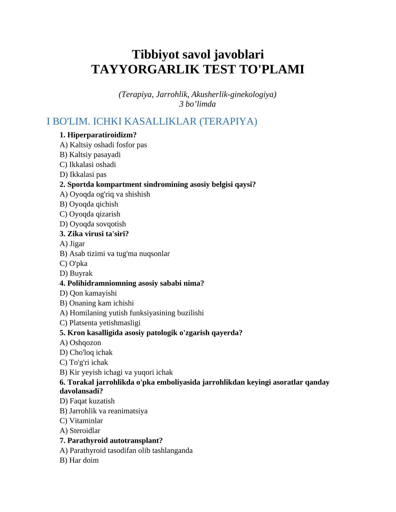 Tibbiyot savol javoblari 1
