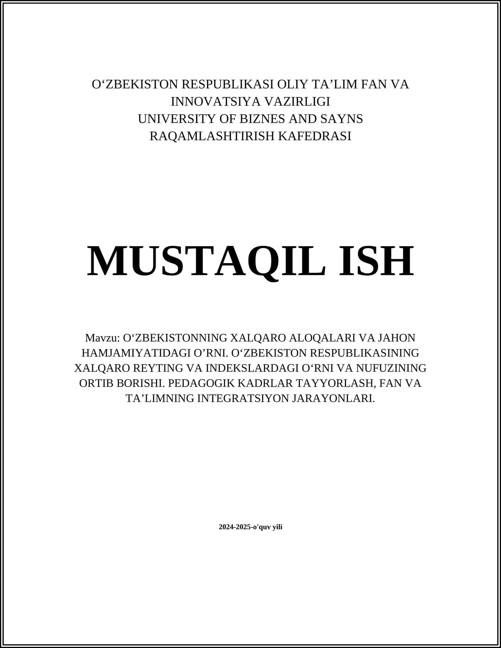 O‘ZBEKISTONNING XALQARO ALOQALARI VA JAHON HAMJAMIYATIDAGI O’RNI 1