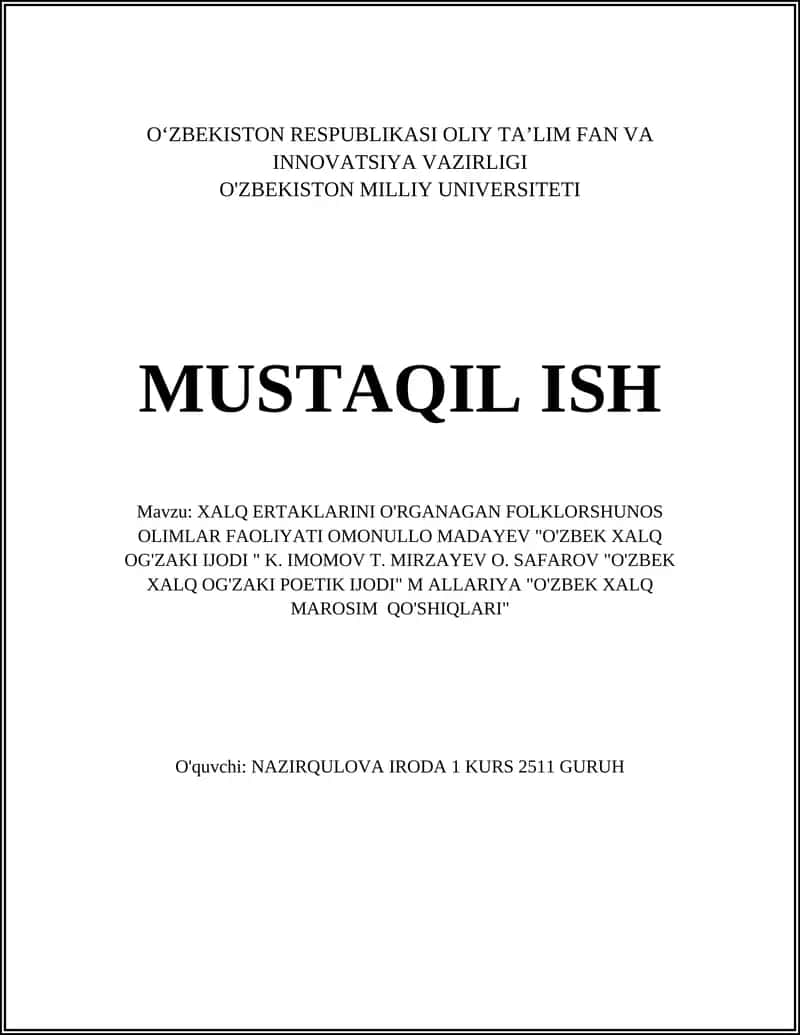 XALQ ERTAKLARINI O'RGANAGAN FOLKLORSHUNOS OLIMLAR FAOLIYATI OMONULLO MADAYEV "O'ZBEK XALQ OG'ZAKI IJODI " K. IMOMOV T. MIRZAYEV O. SAFAROV "O'ZBEK XALQ OG'ZAKI POETIK IJODI" M ALLARIYA "O'ZBEK XALQ MAROSIM QO'SHIQLARI" 1