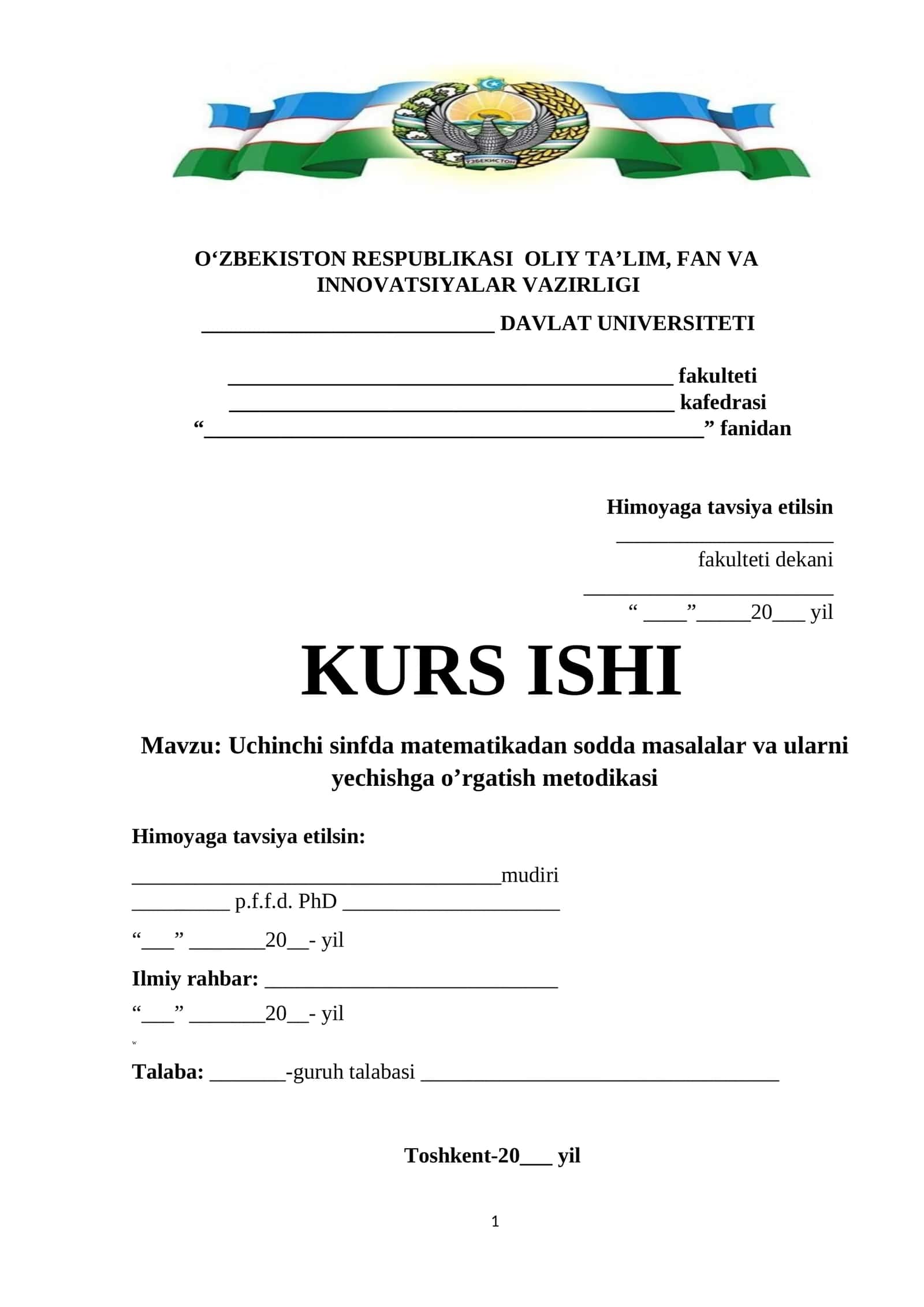 Uchinchi sinfda matematikadan sodda masalalar va ularni yechishga o’rgatish metodikasi 1