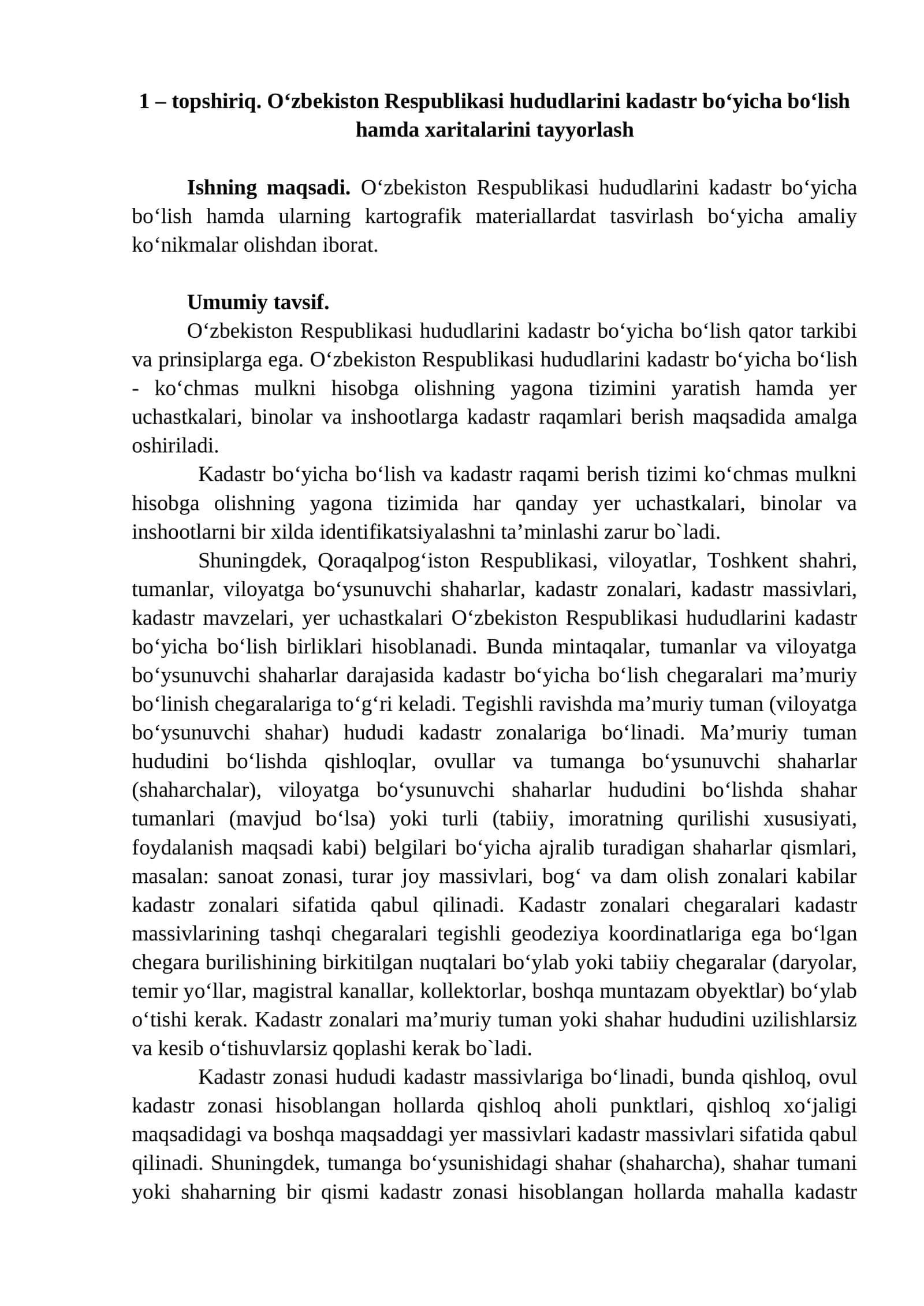 O‘zbekiston Respublikasi hududlarini kadastr bo‘yicha bo‘lish hamda xaritalarini tayyorlash 1
