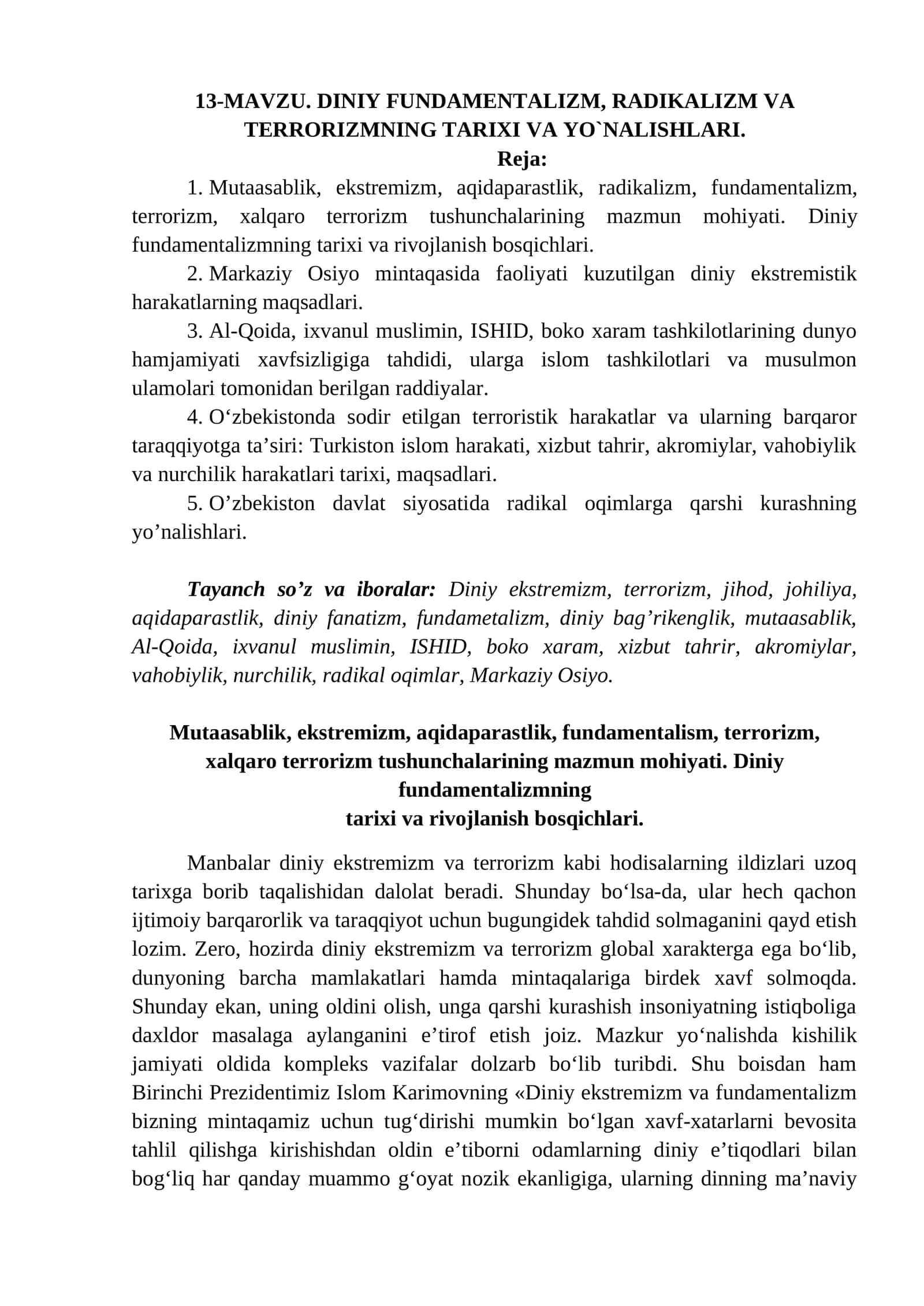 13-mavzu: DINIY FUNDAMENTALIZM, RADIKALIZM VA TERRORIZMNING TARIXI VA YO`NALISHLARI 1