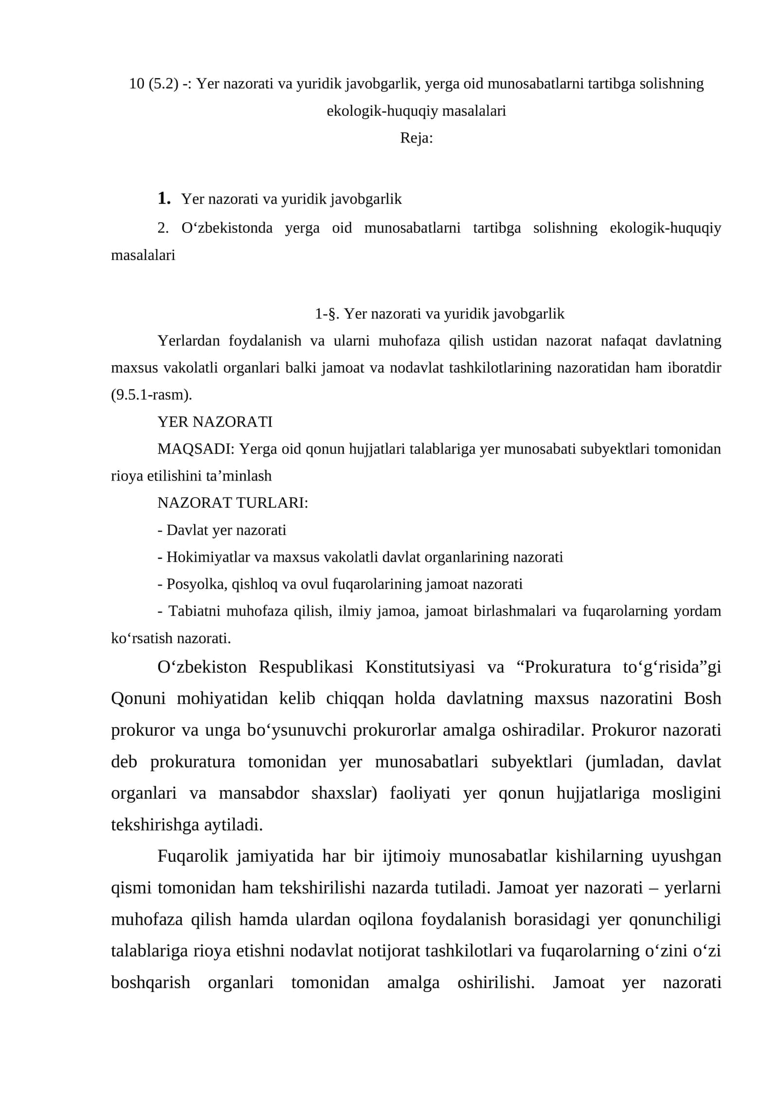 Yer nazorati va yuridik javobgarlik, yerga oid munosabatlarni tartibga solishning ekologik-huquqiy masalalari 1
