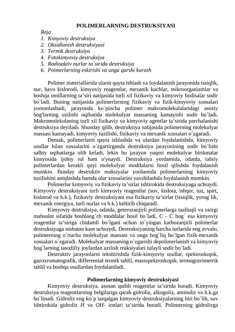 POLIMERLARNING DESTRUKSIYASI 1