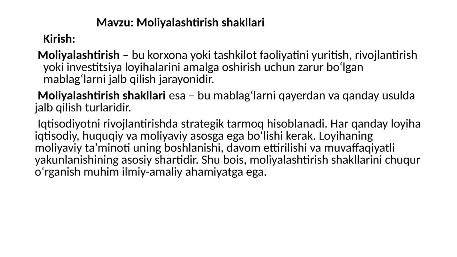 Moliyalashtirish shakllari 1