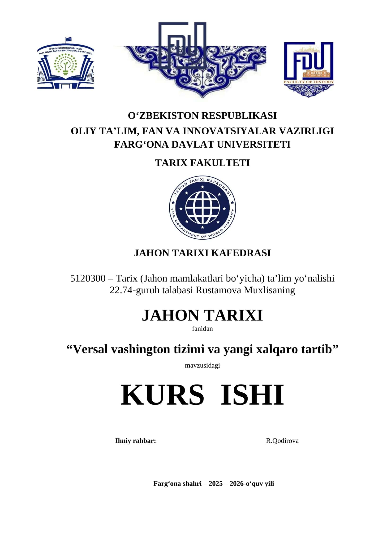 "Versal Vashington tizimi va yangi xalqaro tartib" kurs ishi 1