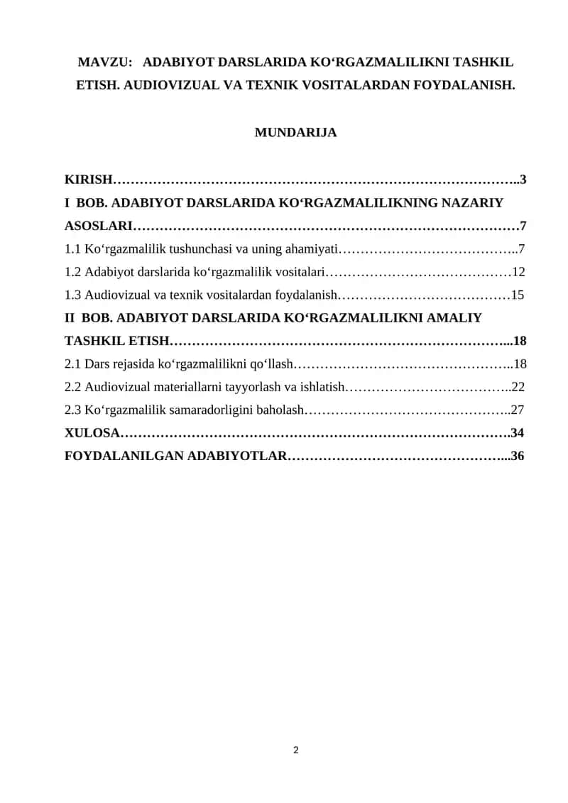ADABIYOT DARSLARIDA KO‘RGAZMALILIKNI TASHKIL ETISH. AUDIOVIZUAL VA TEXNIK VOSITALARDAN FOYDALANISH 1