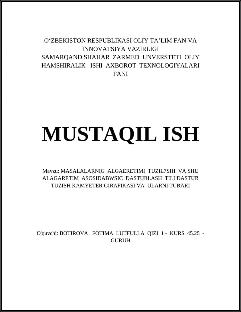 MASALALARNIG ALGAERETIMI TUZIL7SHI VA SHU ALAGARETIM ASOSIDABWSIC DASTURLASH TILI DASTUR TUZISH KAMYETER GIRAFIKASI VA ULARNI TURARI 1